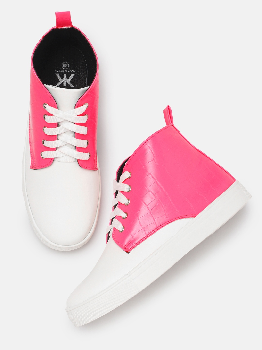 

Kook N Keech Women White & Pink Colourblocked Mid-Top Sneakers