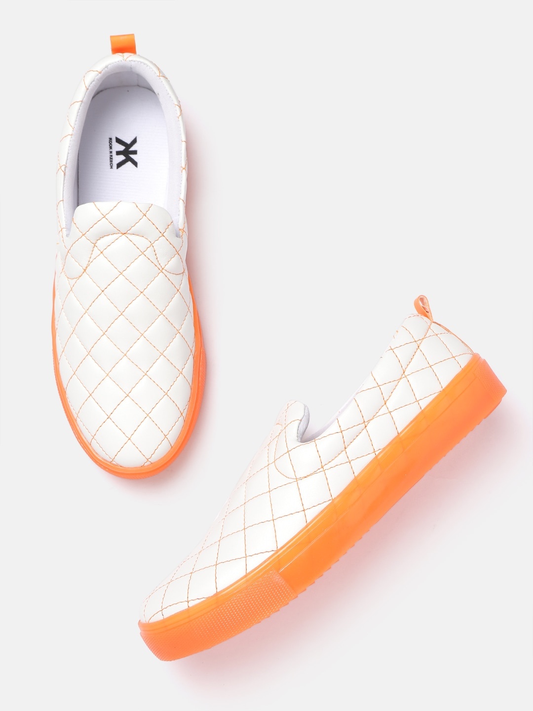 

Kook N Keech Women White & Orange Quilted Slip-On Sneakers