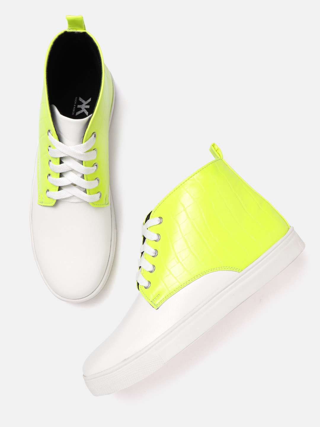 

Kook N Keech Women White & Neon Green Colourblocked & Croc Textured Mid-Top Sneakers