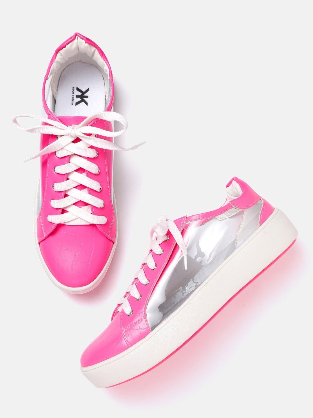 

Kook N Keech Women Pink & Transparent Colourblocked & Croc Textured Flatform Sneakers