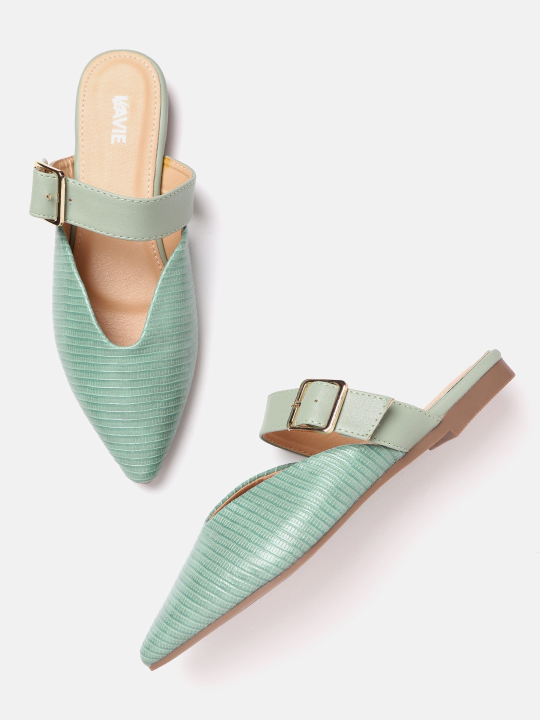 

Lavie Women Green Reptile Textured Mules with Buckles Flats
