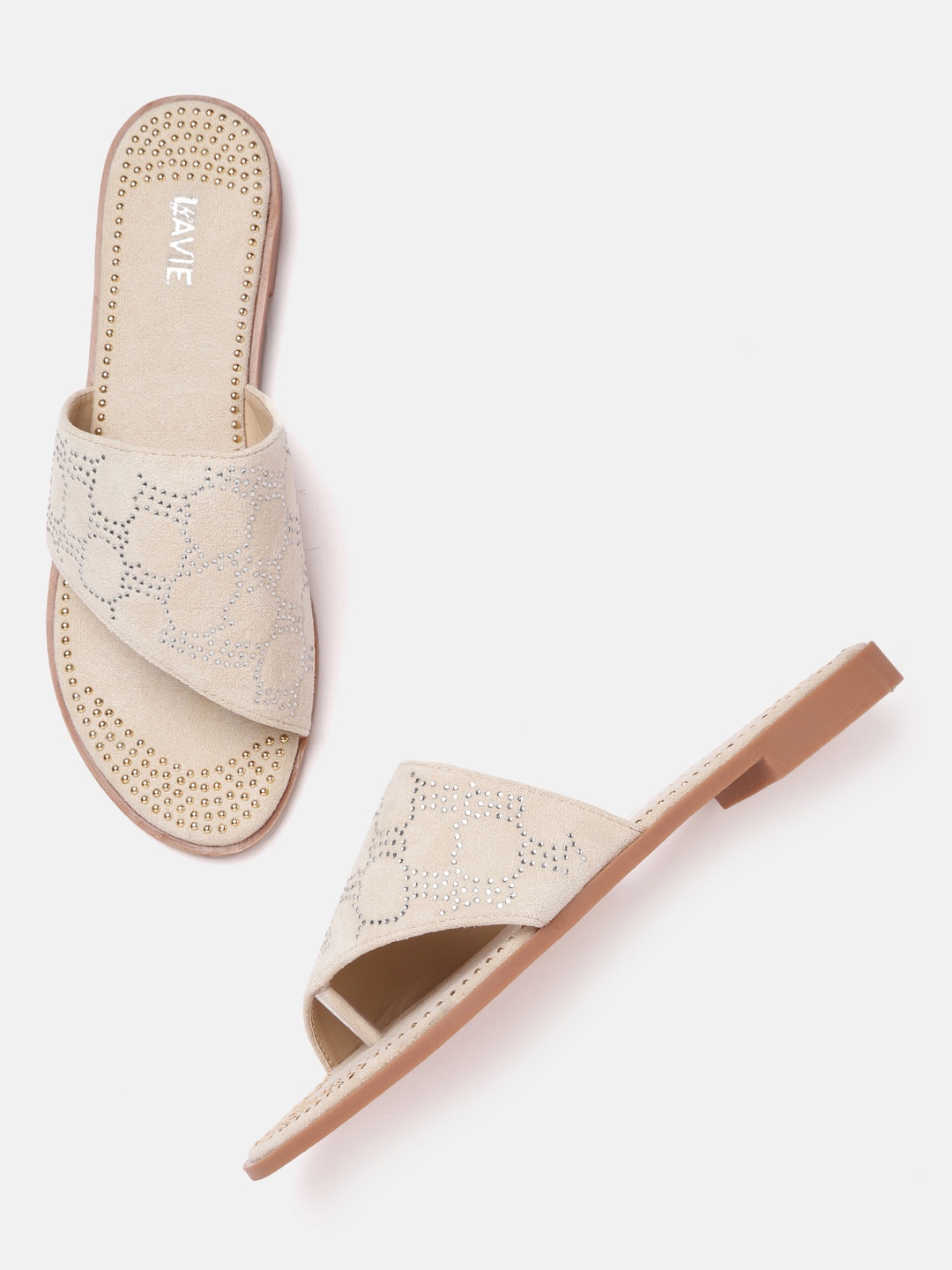 

Lavie Women Off White & Silver-Toned Embellished Open Toe Flats