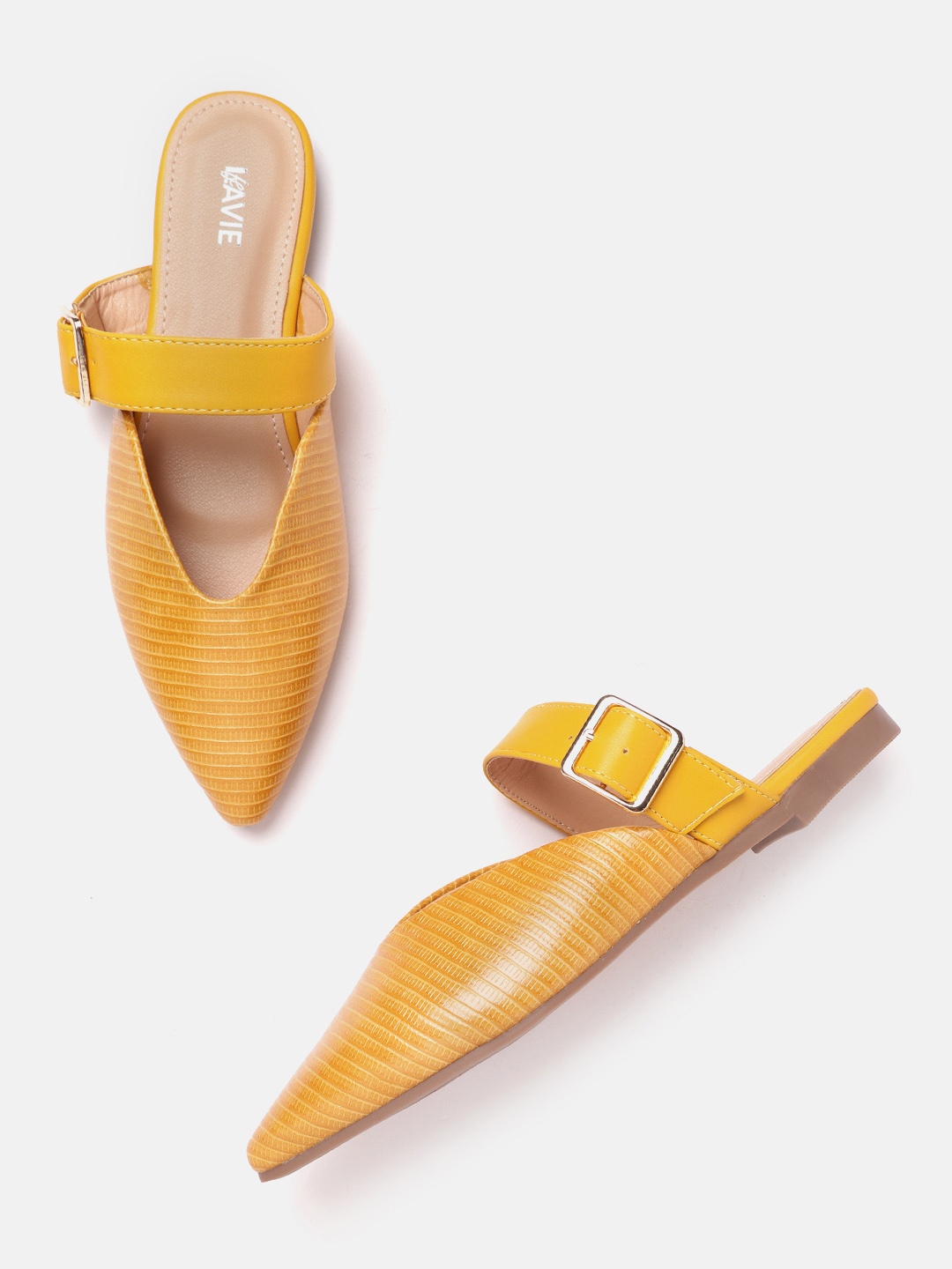 

Lavie Women Mustard Yellow Reptile Textured Mules with Buckles