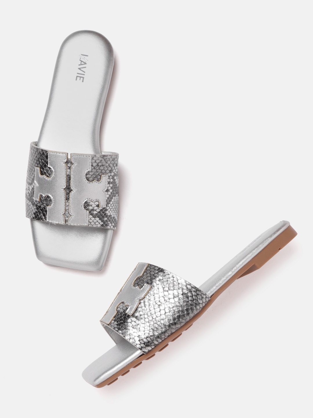 

Lavie Women Silver-Toned & Black Snakeskin Textured Open Toe Flats
