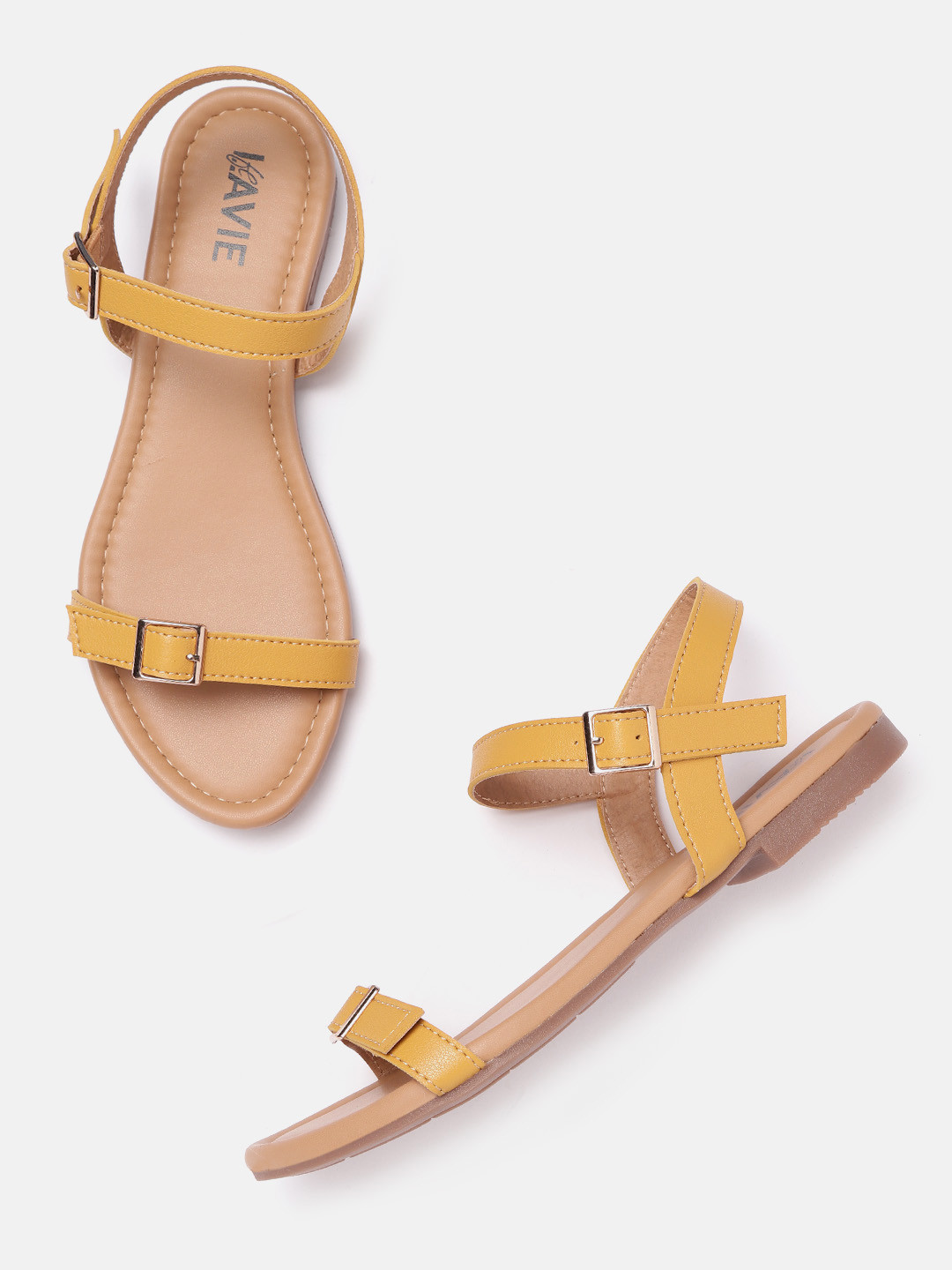 

Lavie Women Mustard Yellow Solid Open Toe Flats with Buckle Detail