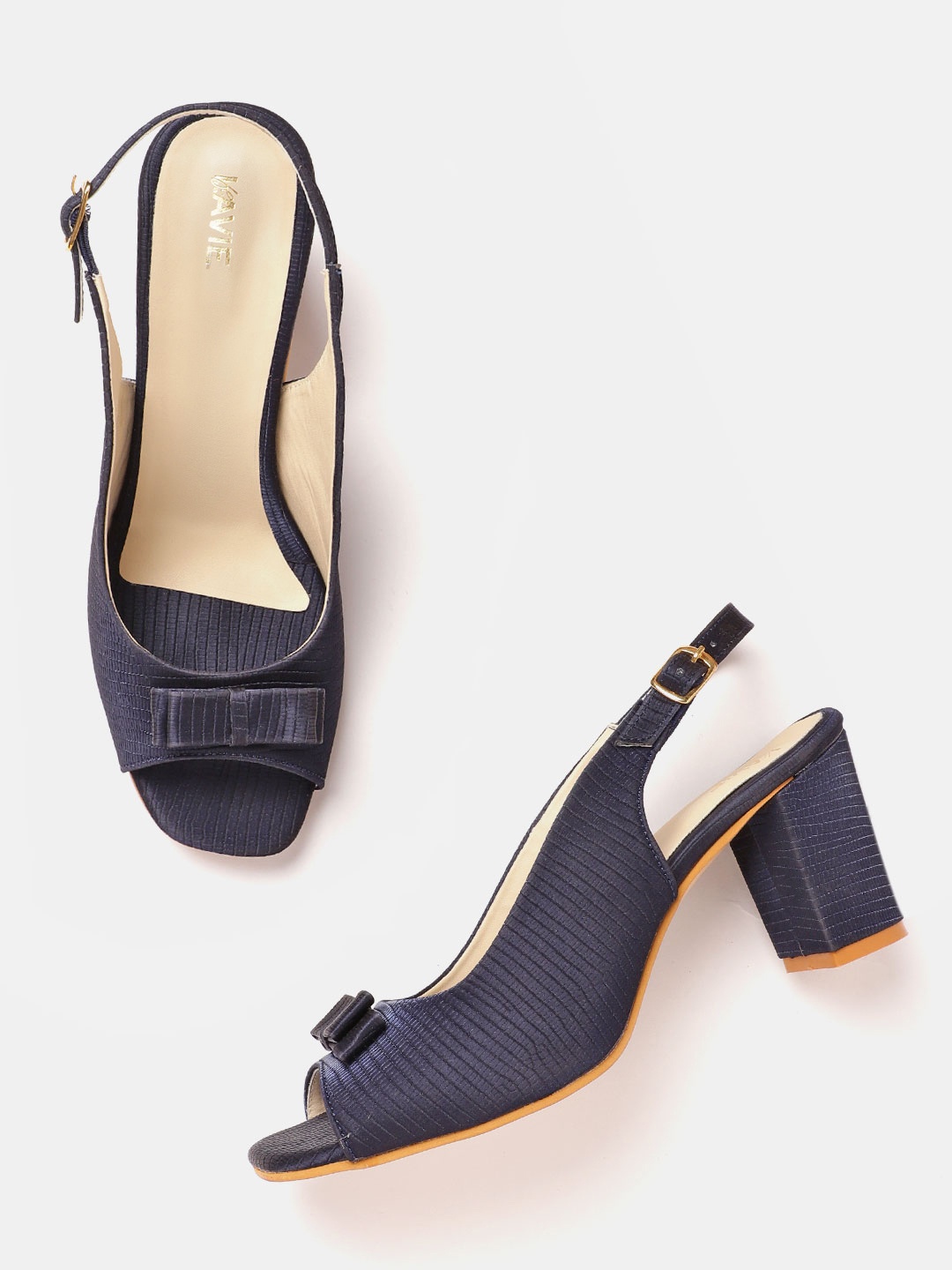 

Lavie Women Navy Blue Snakeskin Textured Block Heels with Bow Detail