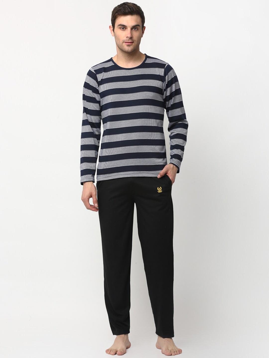 

VIMAL JONNEY Men Navy Blue & White Striped Night Suit