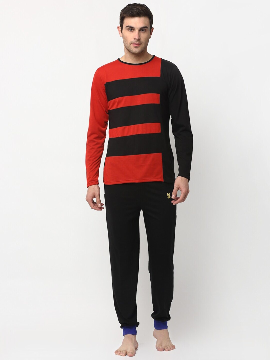 

VIMAL JONNEY Men Red & Black Colourblocked Night Suit