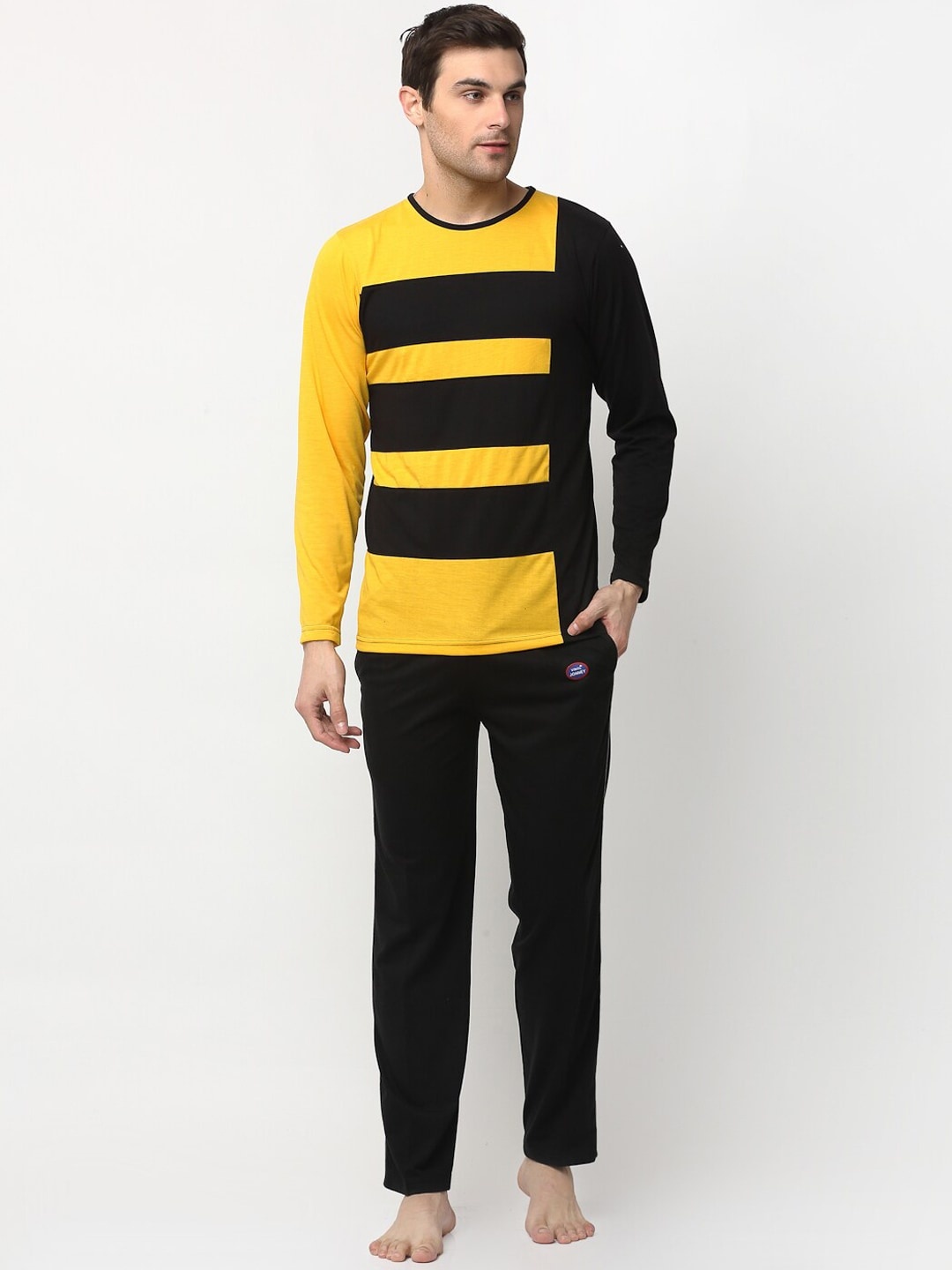 

VIMAL JONNEY Men Yellow & Black Colourblocked Night Suit