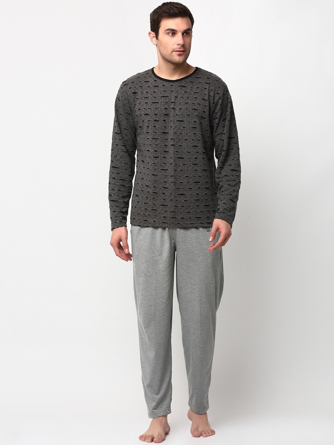 

VIMAL JONNEY Men Charcoal Grey Self Design Night Suit