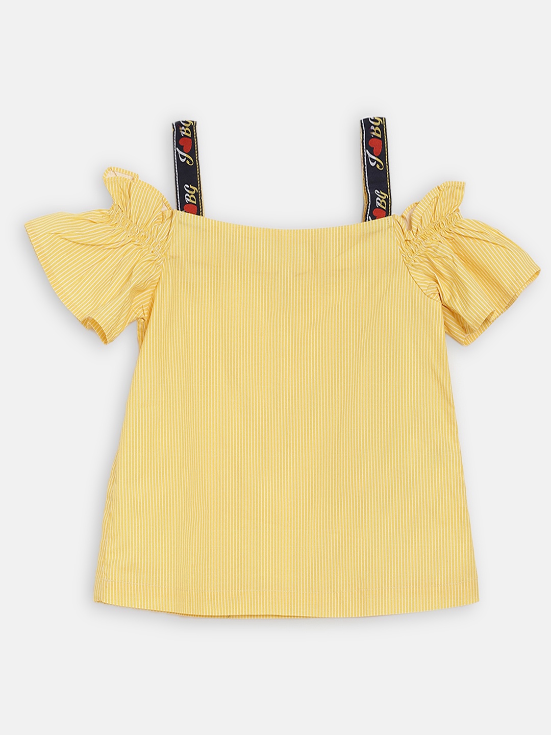 

Blue Giraffe Girls Yellow & White Striped Cold-Shoulder Sleeves Regular Top
