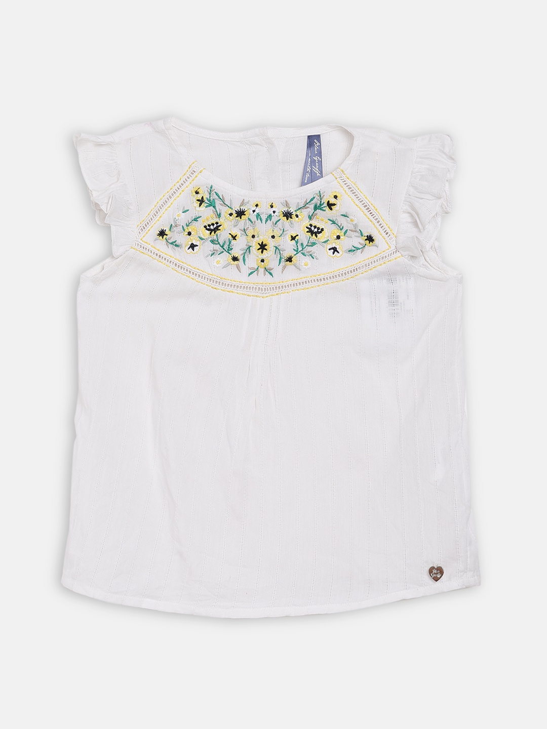 

Blue Giraffe Girls White & Yellow Floral Embroidered A-line Top