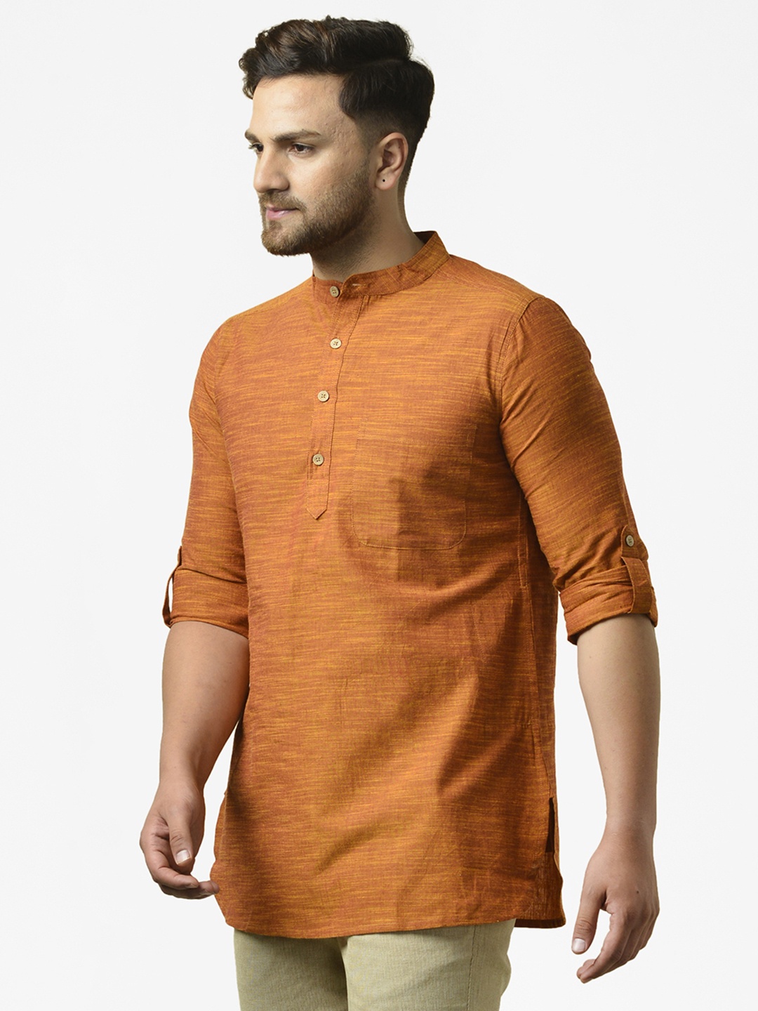 

Fabindia Men Rust Orange Solid Pure Cotton Band Collar Kurta