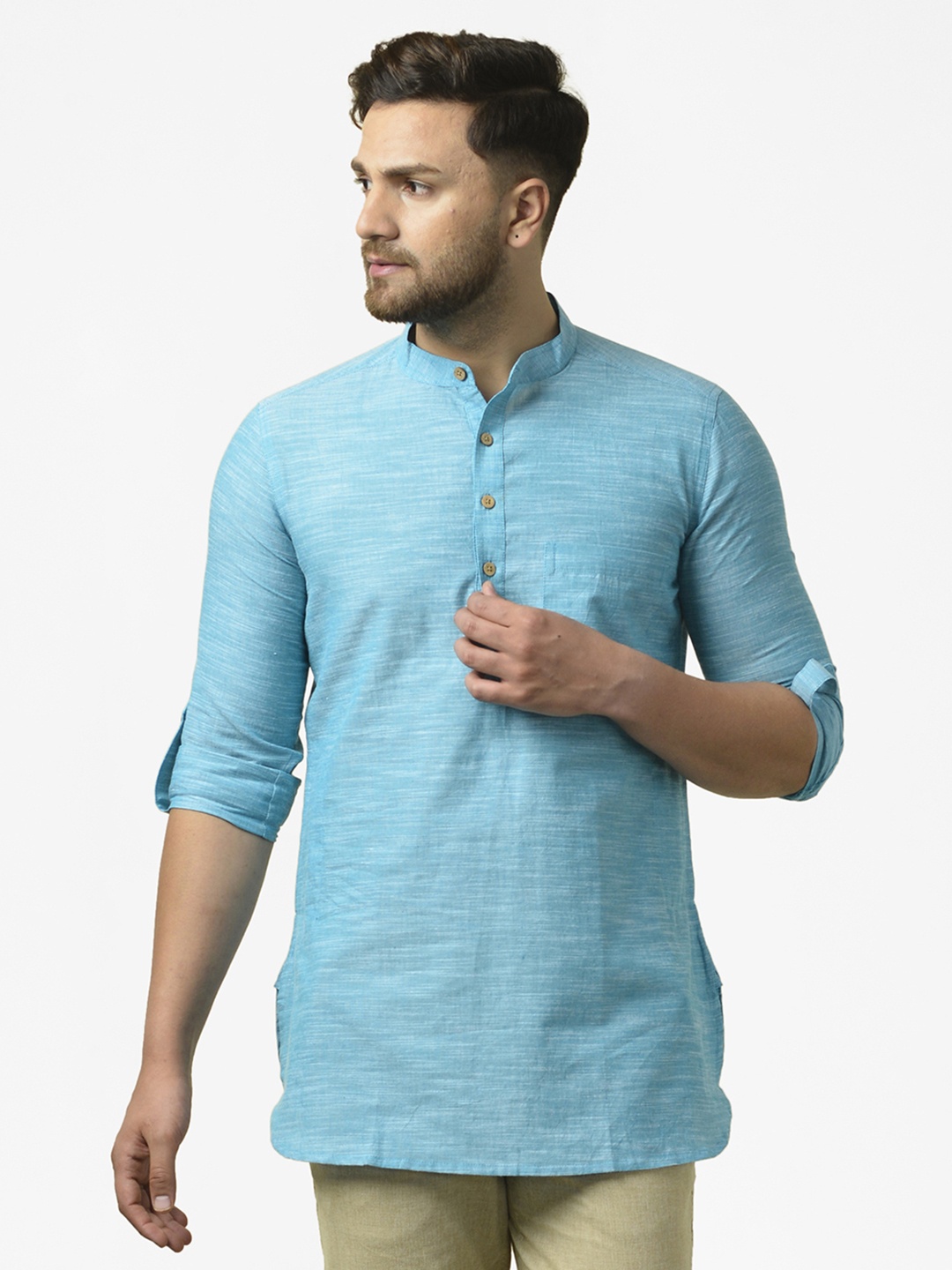 

Fabindia Men Blue Solid Pure Cotton Band Collar Kurta