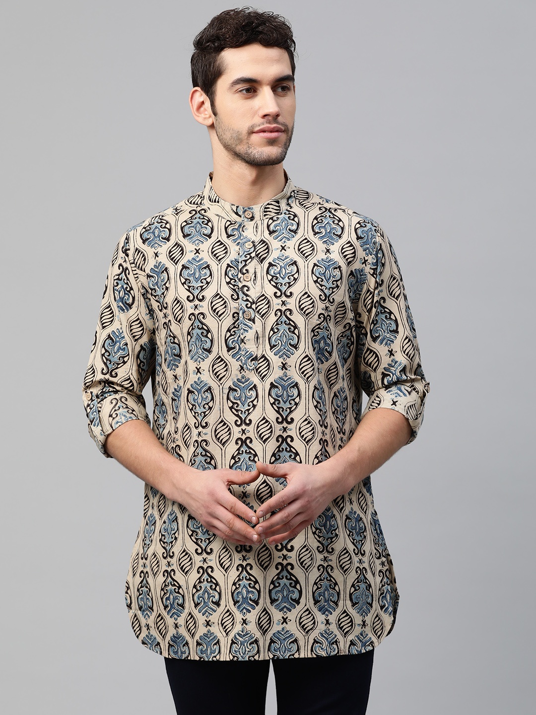 

Fabindia Men Beige & Black Pure Cotton Ethnic Motifs Printed Kurta