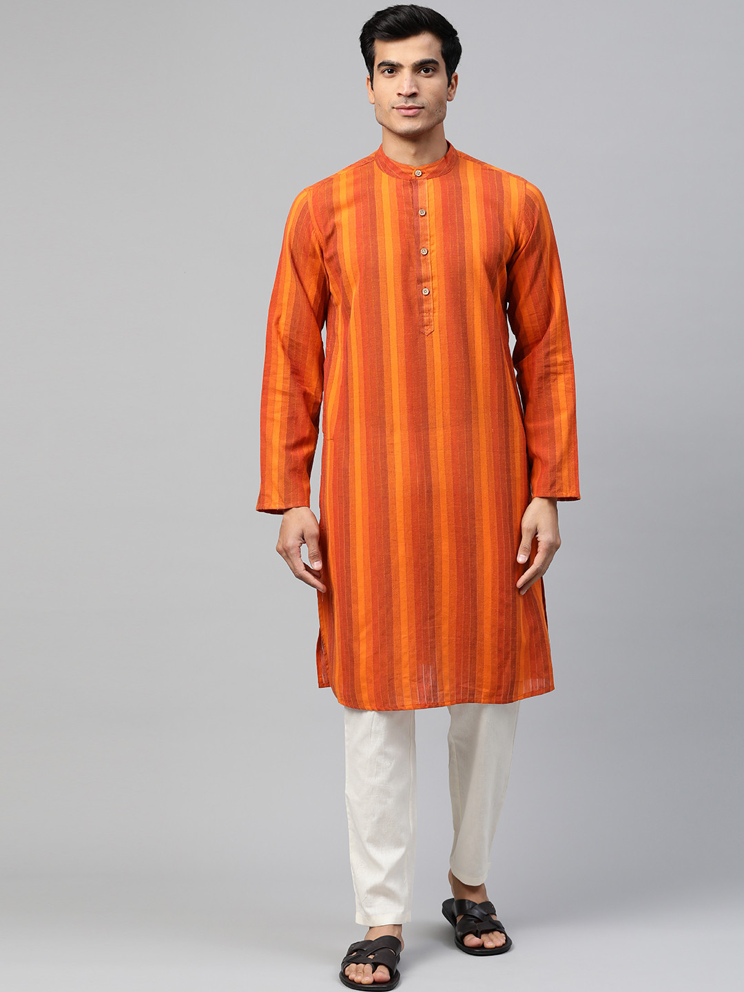 

Fabindia Men Rust Orange Pure Cotton Striped Kurta