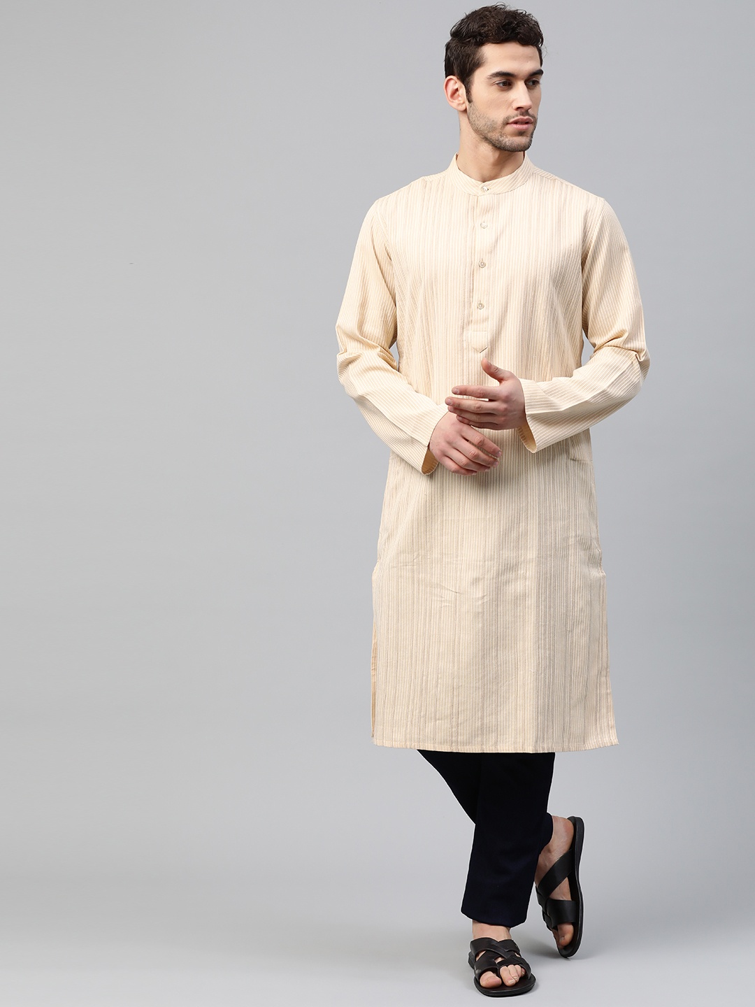 

Fabindia Men Beige & Off White Pure Cotton Striped Kurta