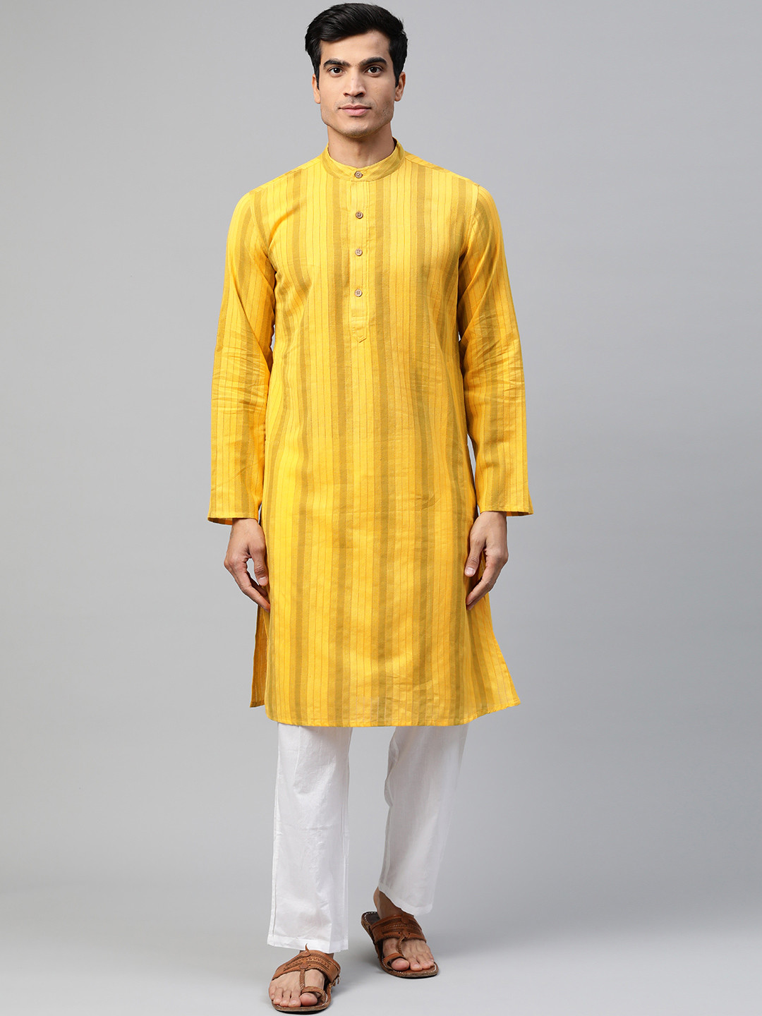 

Fabindia Men Yellow Pure Cotton Striped Kurta