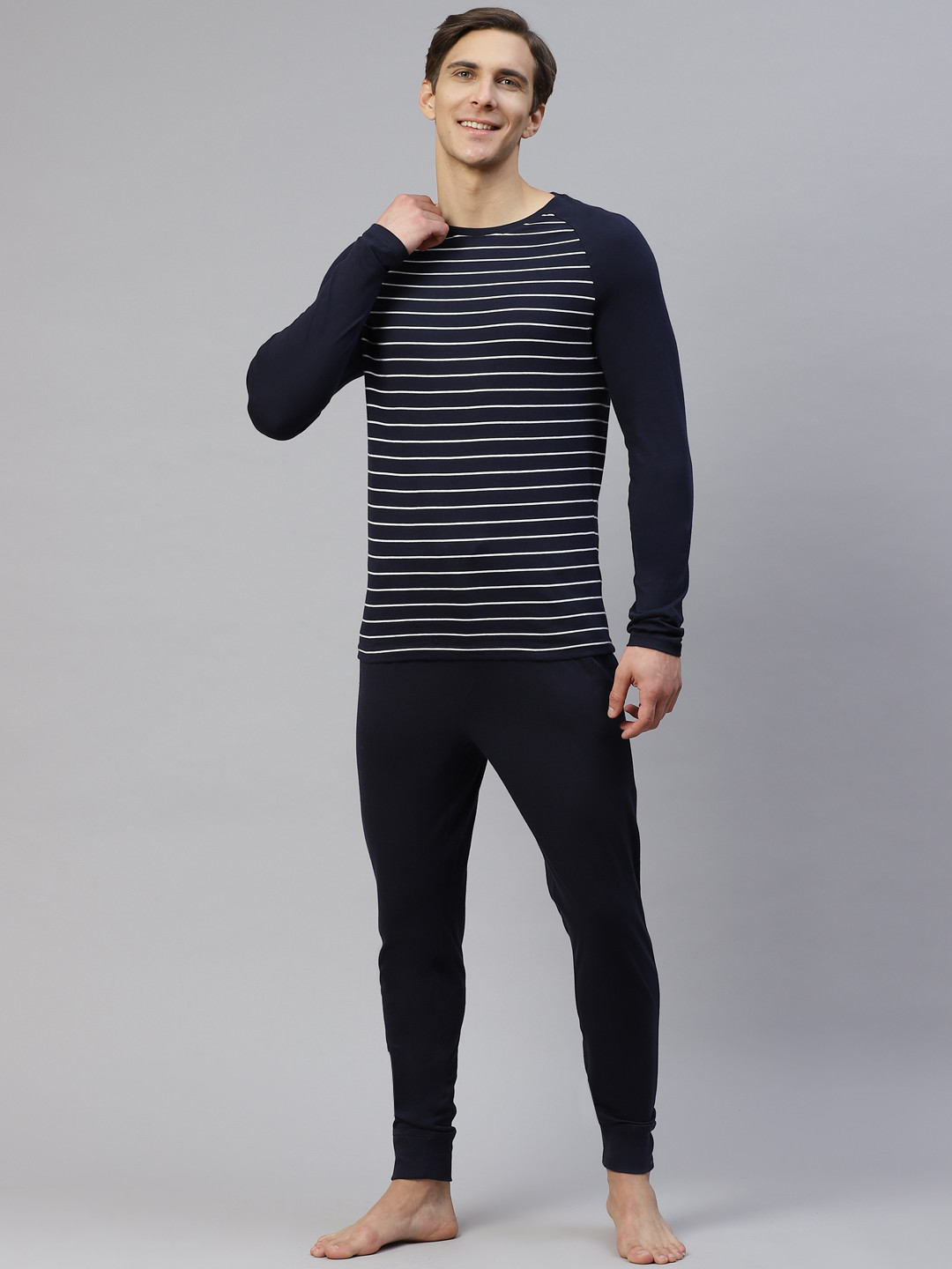 

Marks & Spencer Men Navy Blue & White Striped Cotton Night suit