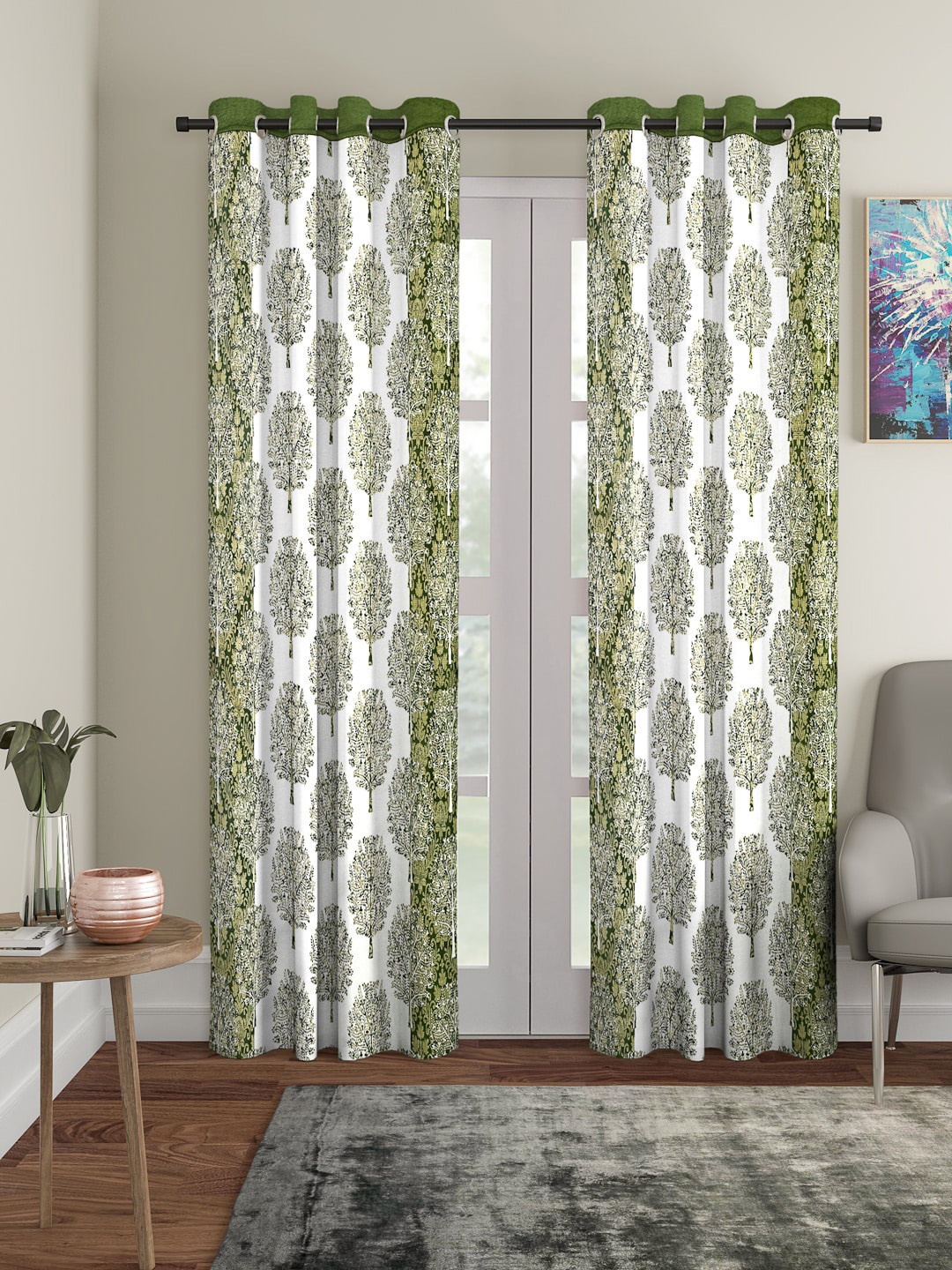 

Cortina White & Green Set of 2 Door Curtains