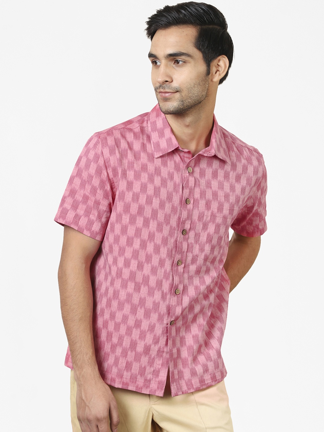 

Fabindia Men Pink Regular Fit Self Design Ikat Casual Bush Shirt