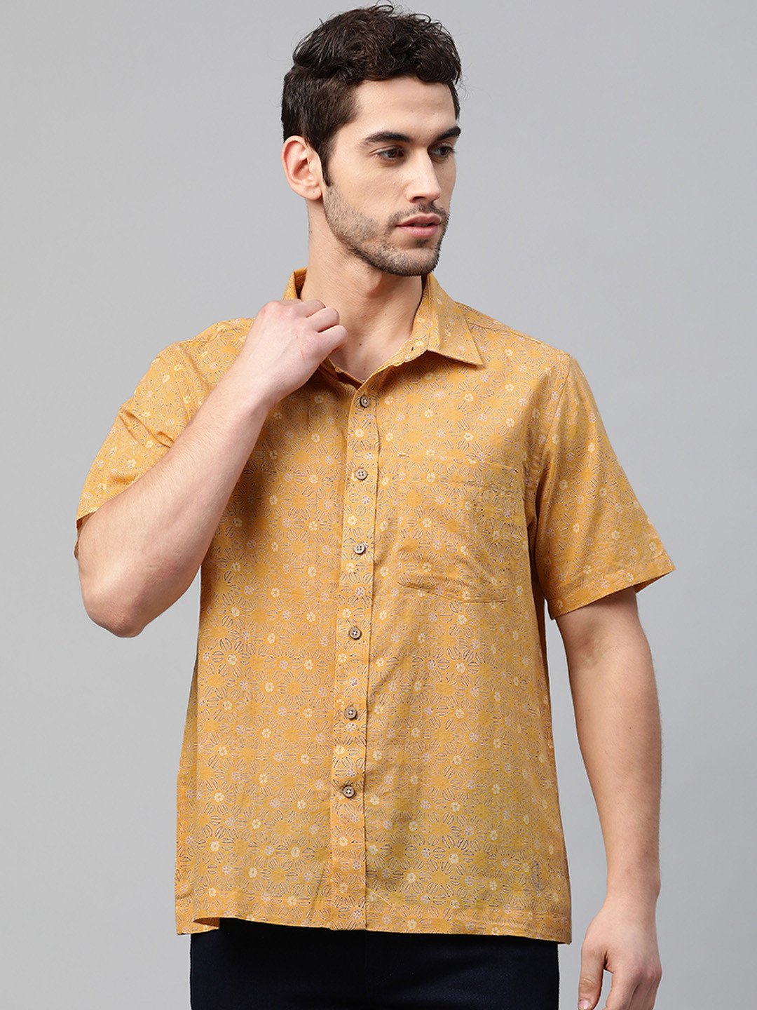

Fabindia Men Mustard Brown Regular Fit Pure Cotton Printed Casual Bush Shirt
