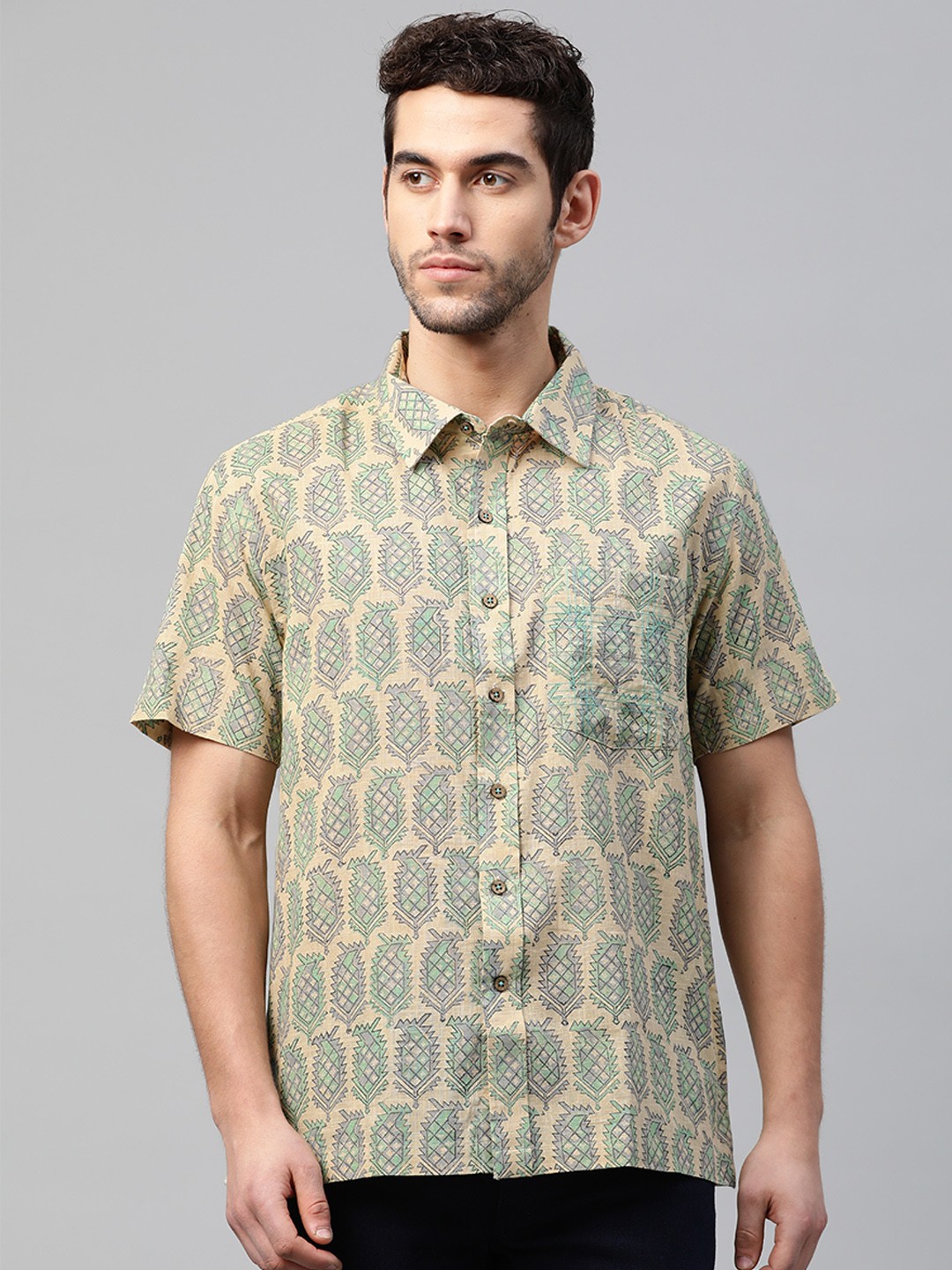 

Fabindia Men Beige & Green Regular Fit Pure Cotton Printed Casual Bush Shirt