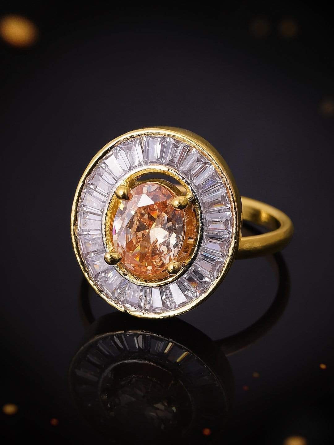 

Rubans Gold-Plated Peach-Coloured & White CZ-Studded Handcrafted Finger Ring