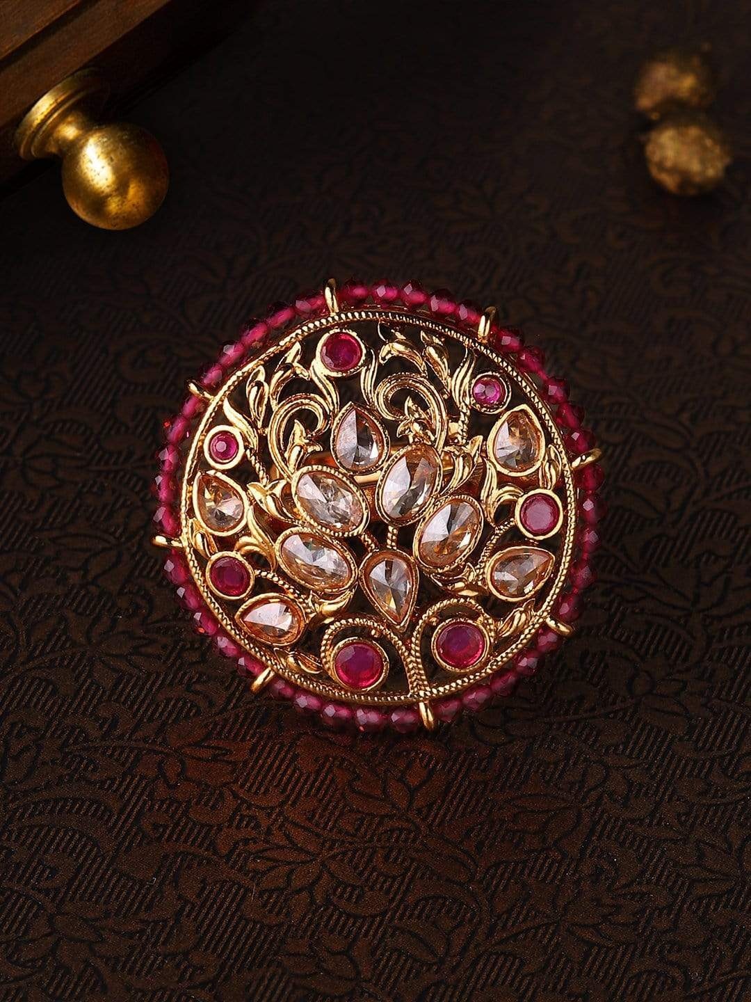 

Rubans Gold-Plated Magenta Pink Stone-Studded & Beaded Handcrafted Adjustable Finger Ring