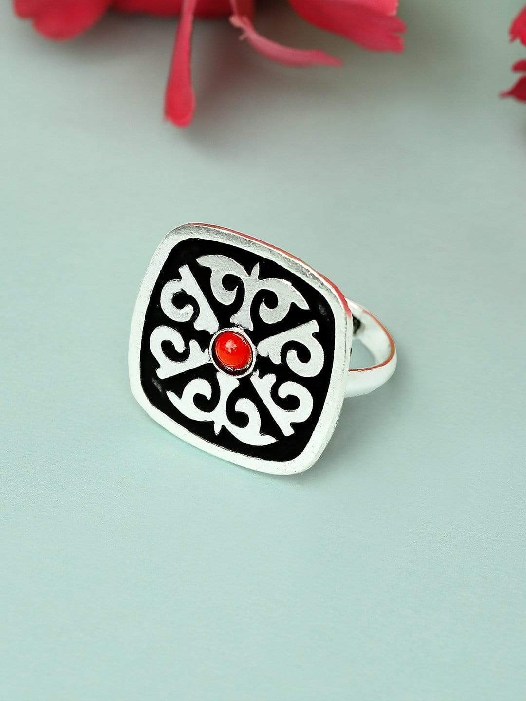 

Rubans Oxidized Silver-Plated Stone-Studded & Enamelled Handcrafted Adjustable Finger Ring