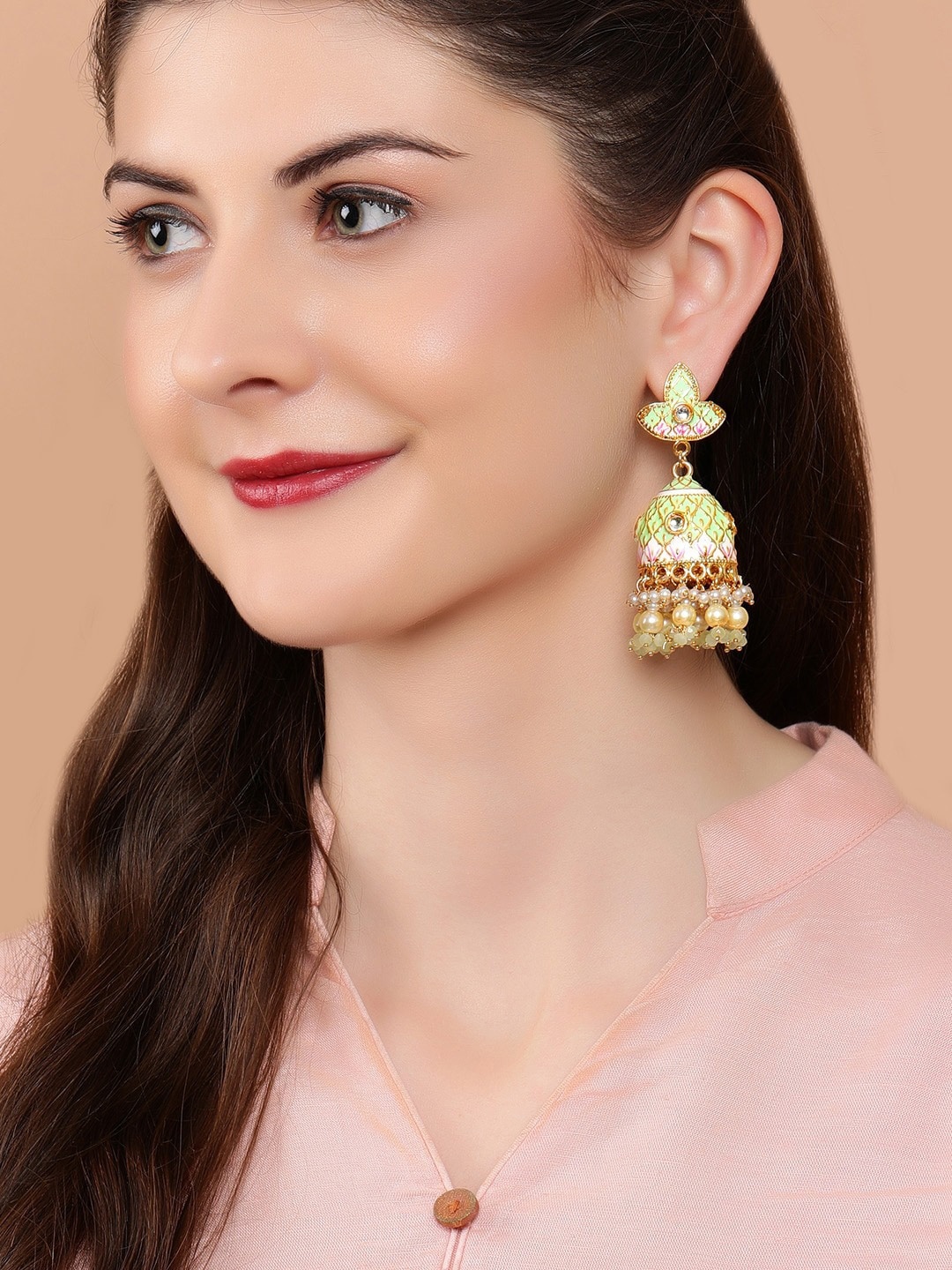 

Rubans 22K Gold-Plated Green Handcrafted Dome Shaped Jhumkas
