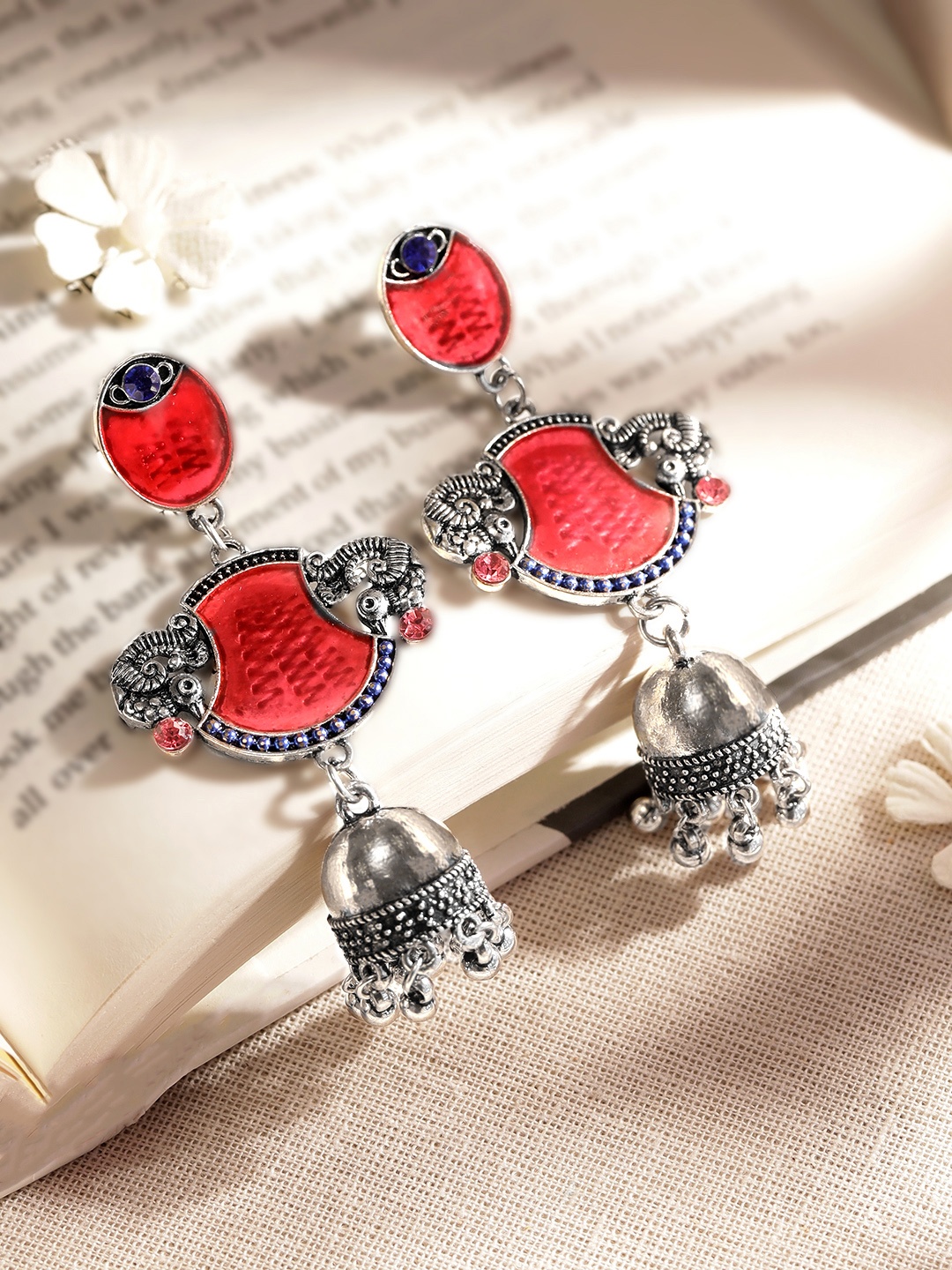 

Rubans Silver-Plated & Pink Contemporary Jhumkas