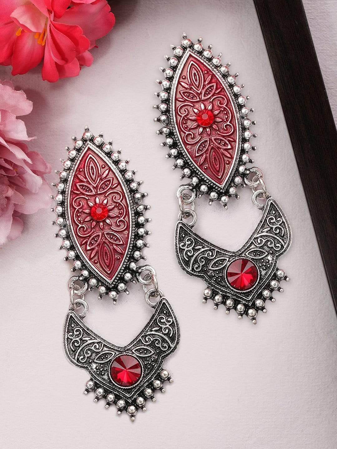 

Rubans Silver-Plated & Red Oxidised Handcrafted Contemporary Drop Earrings