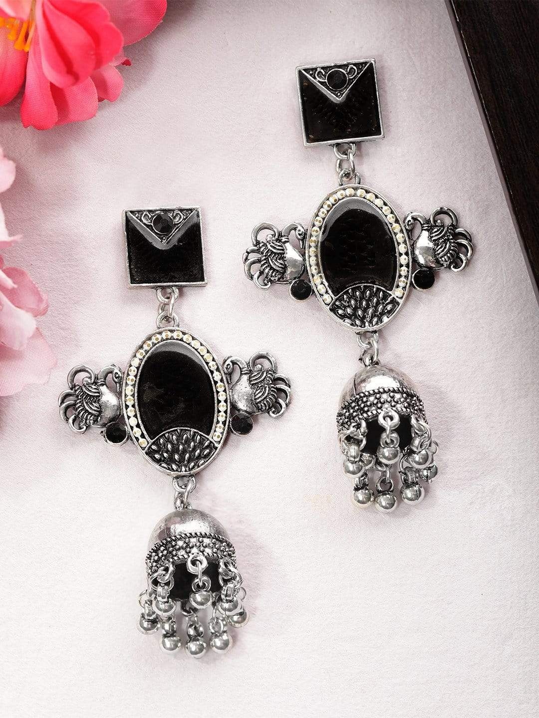 

Rubans Silver-Toned Geometric Jhumkas