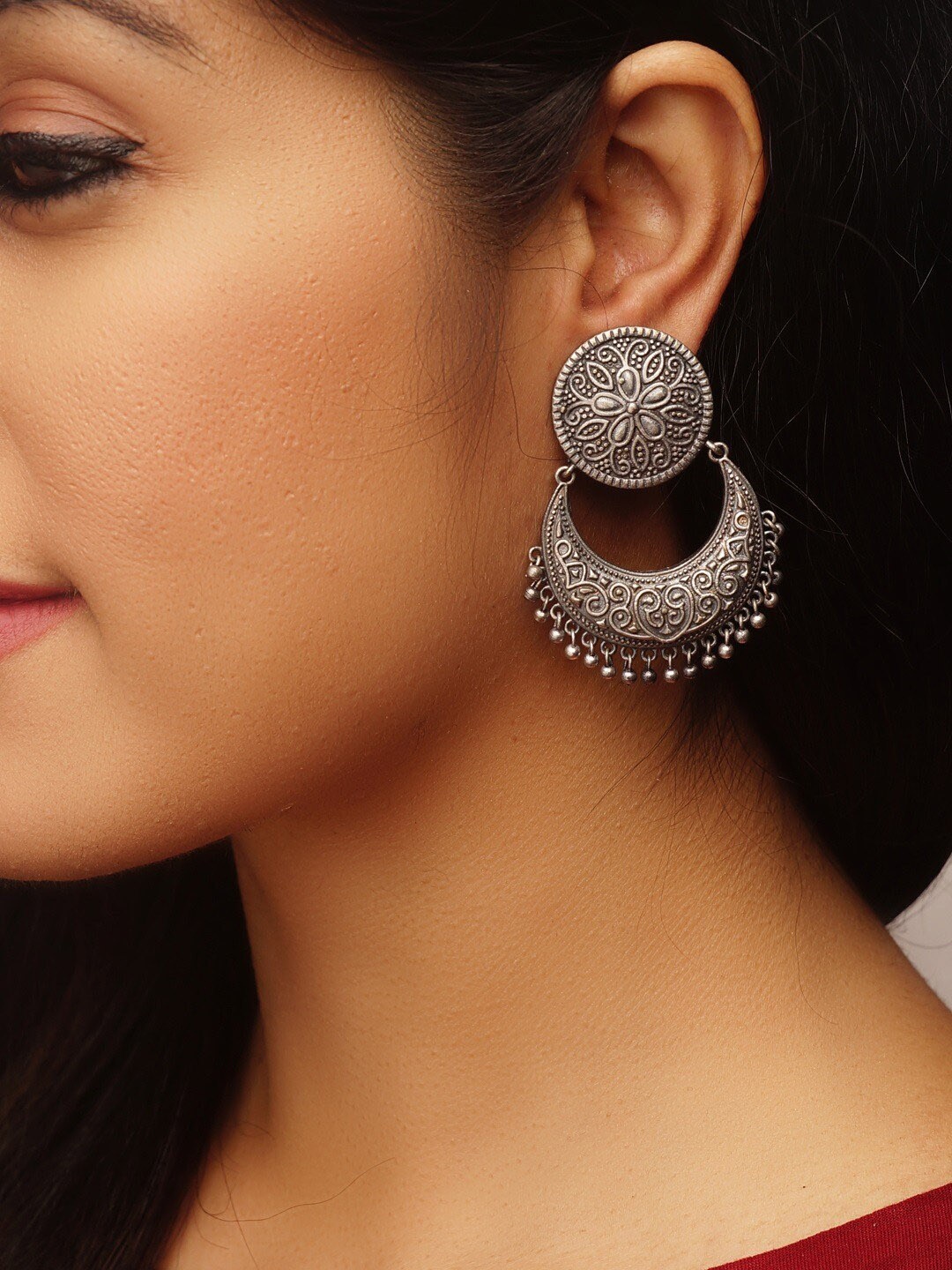 

Rubans Silver-Toned Handcrafted Crescent Shaped Chandbalis