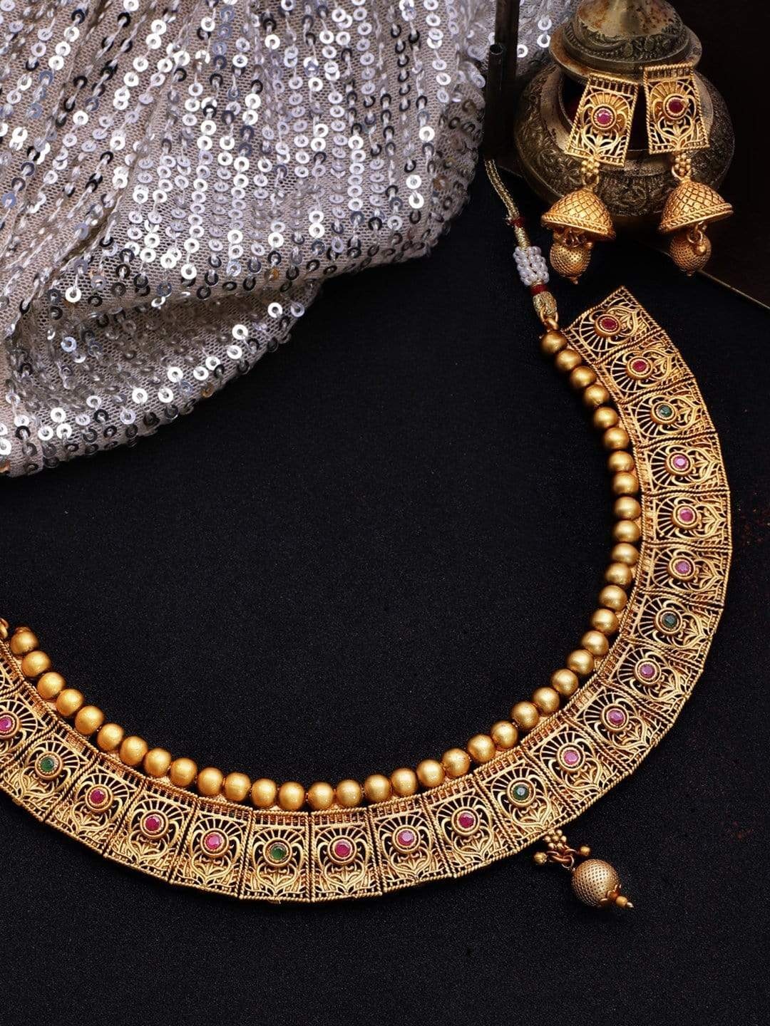

Rubans 22K Gold-Plated Red & Green Stone-Studded Handcrafted Jewellery Set