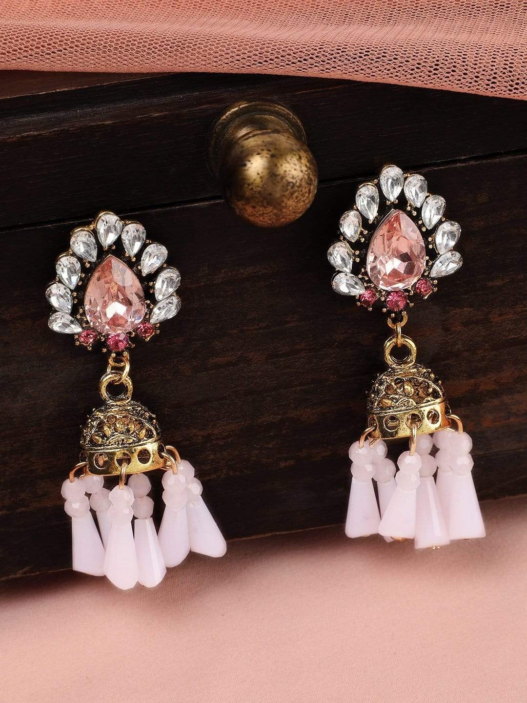 

Rubans Gold-Toned & Pink Contemporary Jhumkas