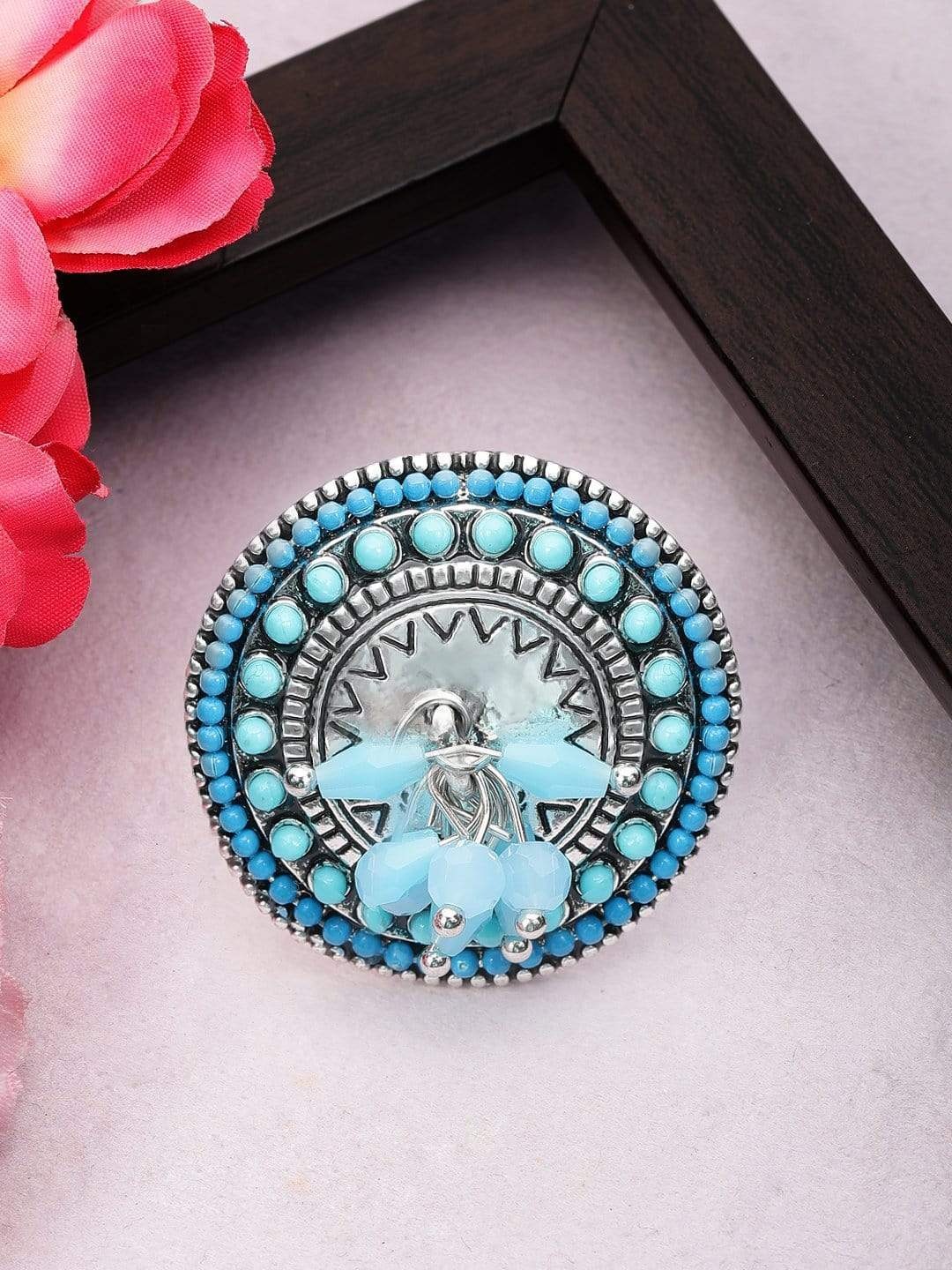 

Rubans Silver-Plated & Blue Beaded Oxidized Handcrafted Adjustable Finger Ring