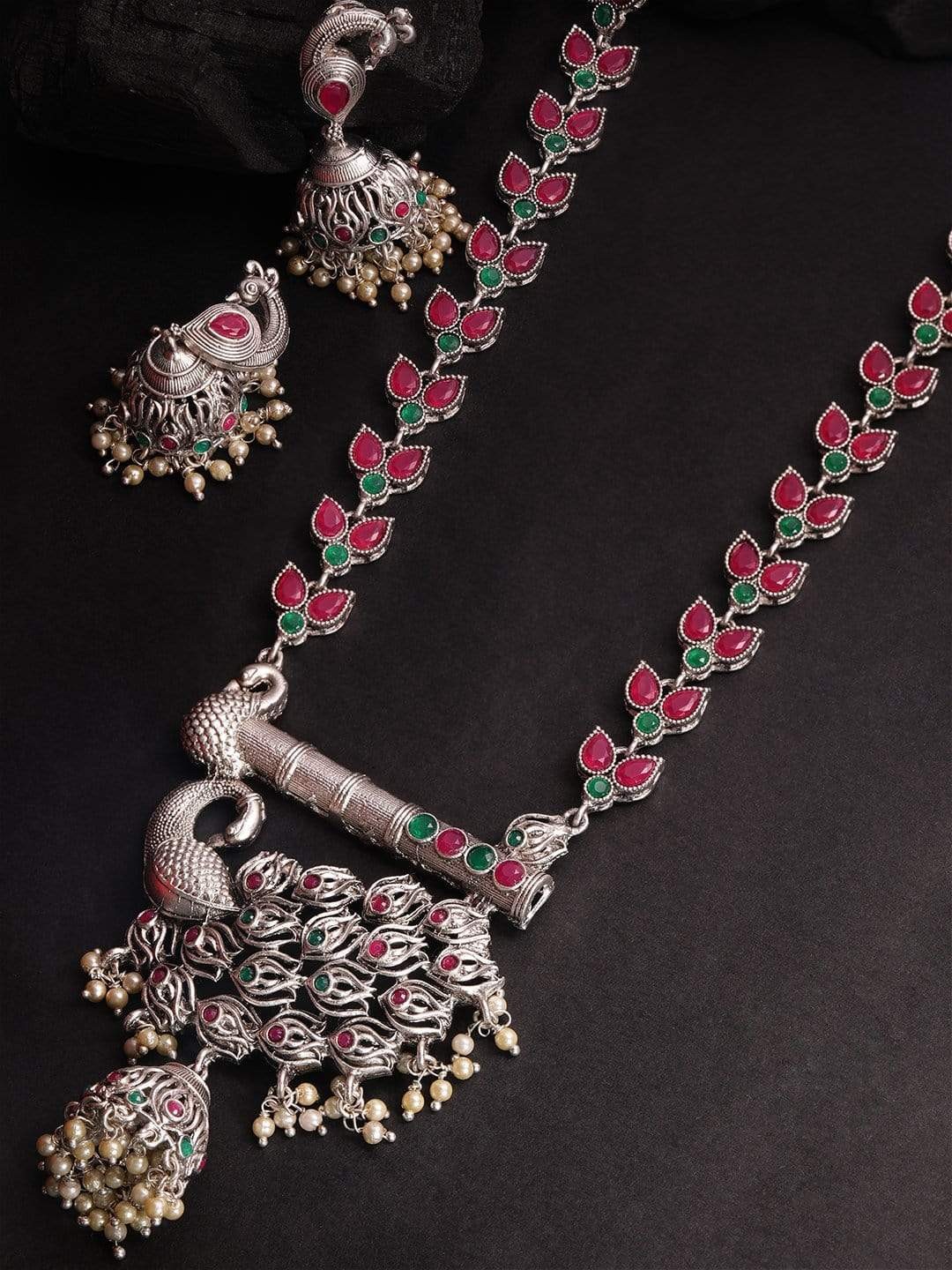 

Rubans Silver-Plated Red & Green Stone-Studded Handcrafted Jewellery Set