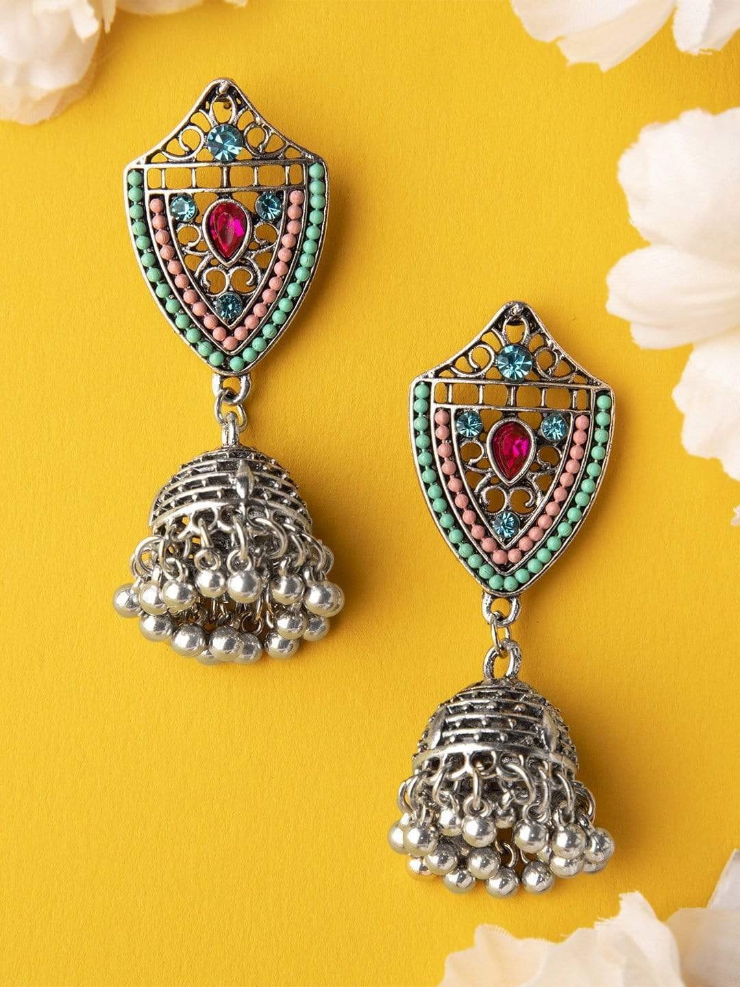 

Rubans Silver-Toned & Green Dome Shaped Jhumkas