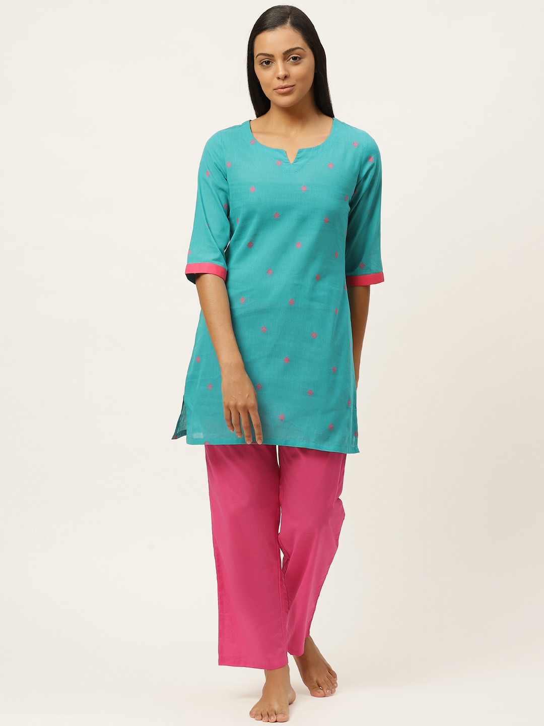 

Laabha Women Blue & Pink Pure Cotton Woven Design Night suit, Turquoise blue