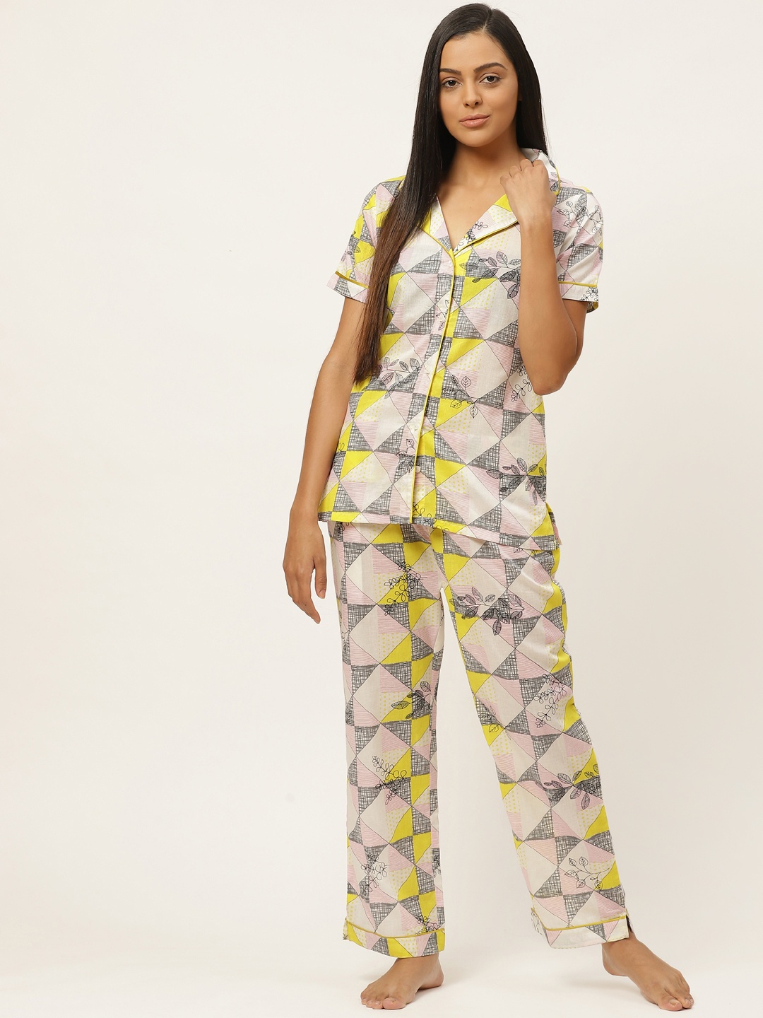 

Laabha Women Yellow & White Printed Night suit