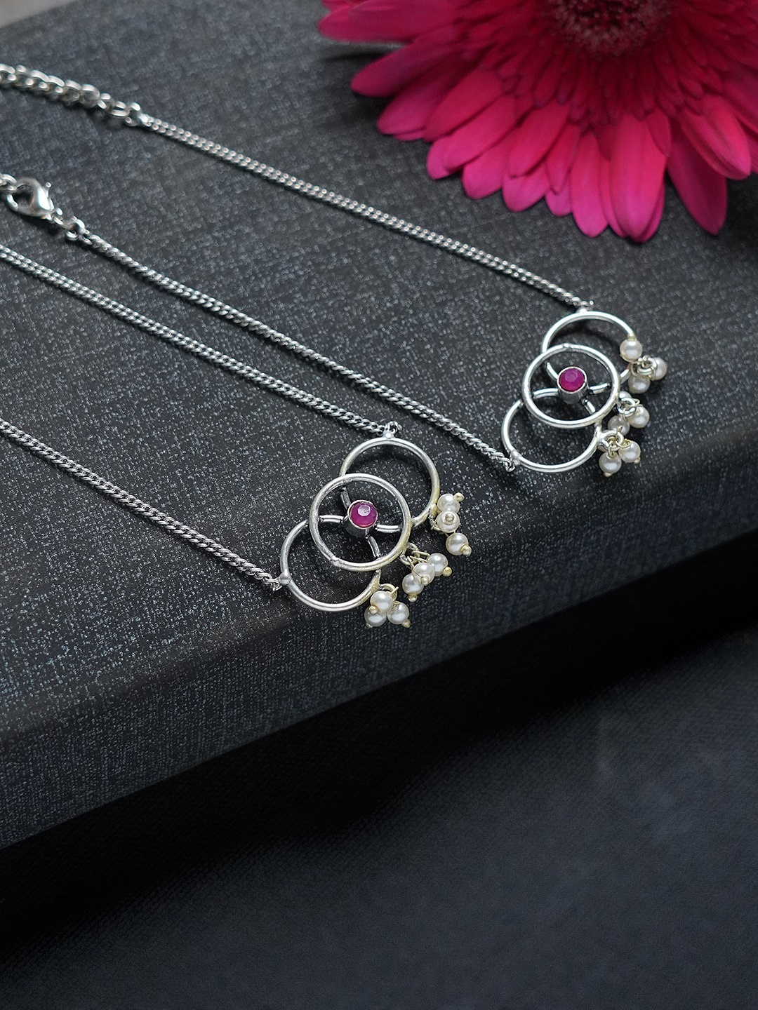

FIROZA Set of 2 Silver-Toned & Pink Oxidised Beaded & Studded Anklets