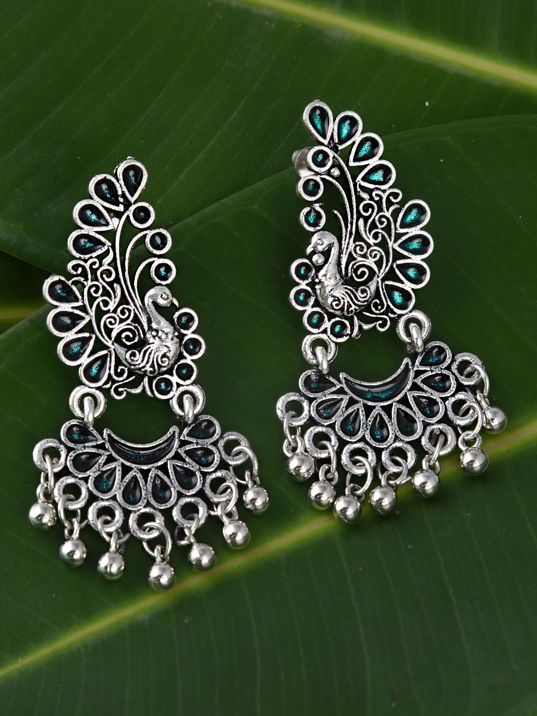

FIROZA Silver-Toned & Green Oxidised Peacock Shaped Drop Earrings