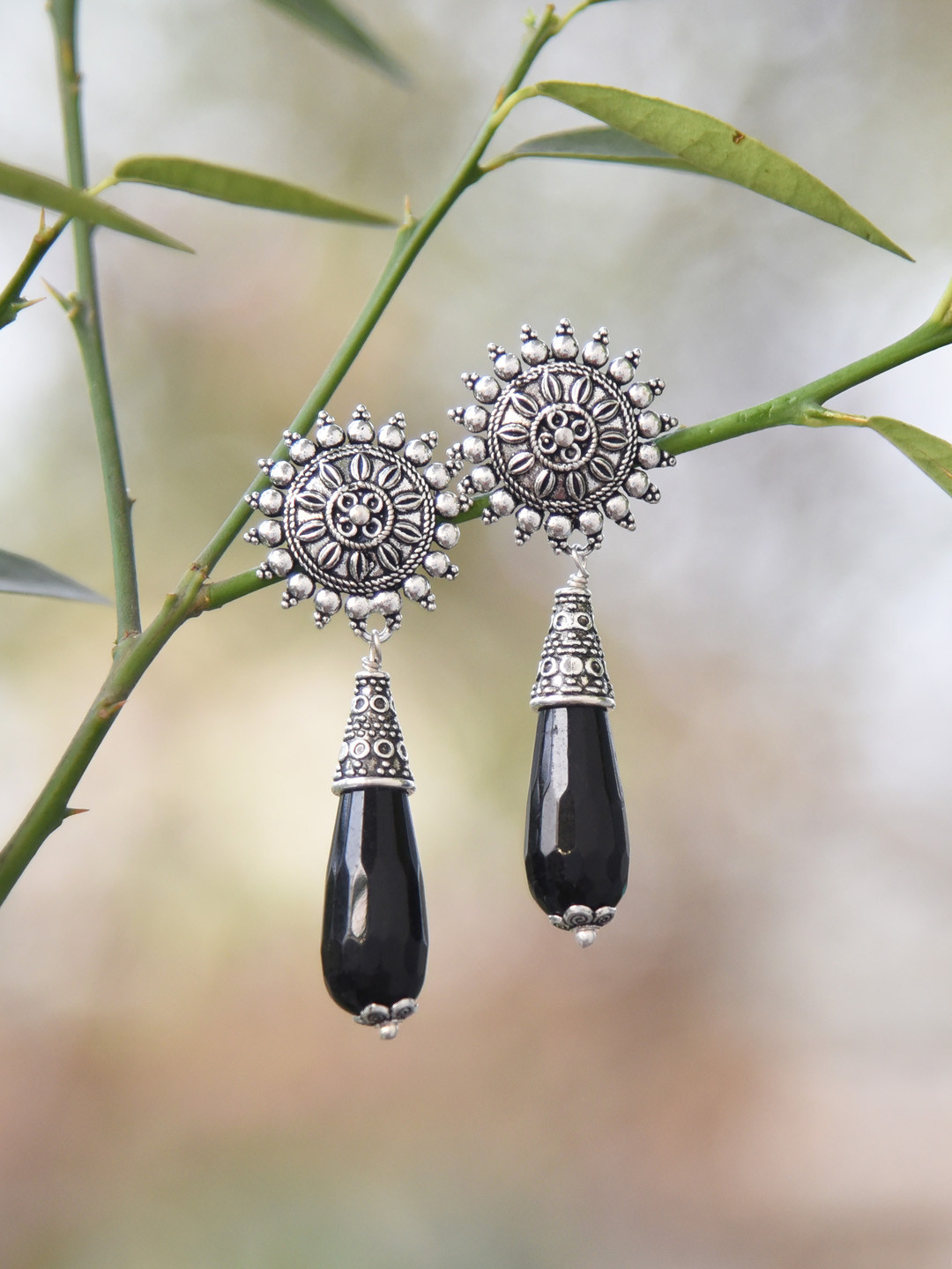 

FIROZA Oxidised Silver-Toned & Black Beaded Teardrop Shaped Drop Earrings