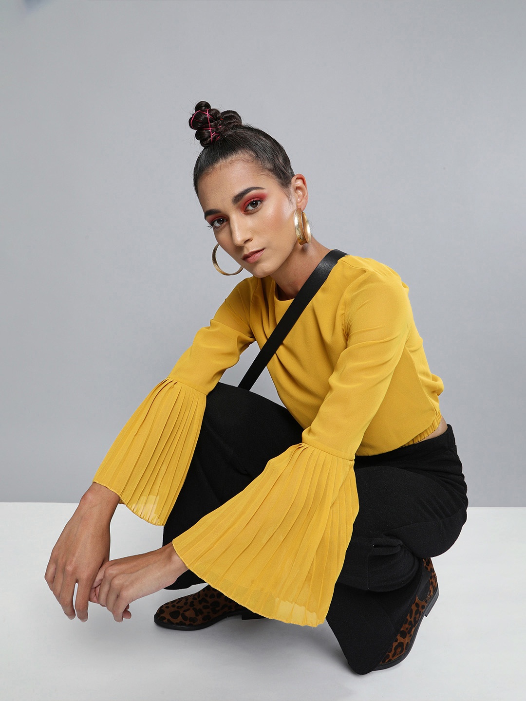 

SASSAFRAS Mustard Yellow Pleated Bell Sleeves Georgette Blouson Crop Top