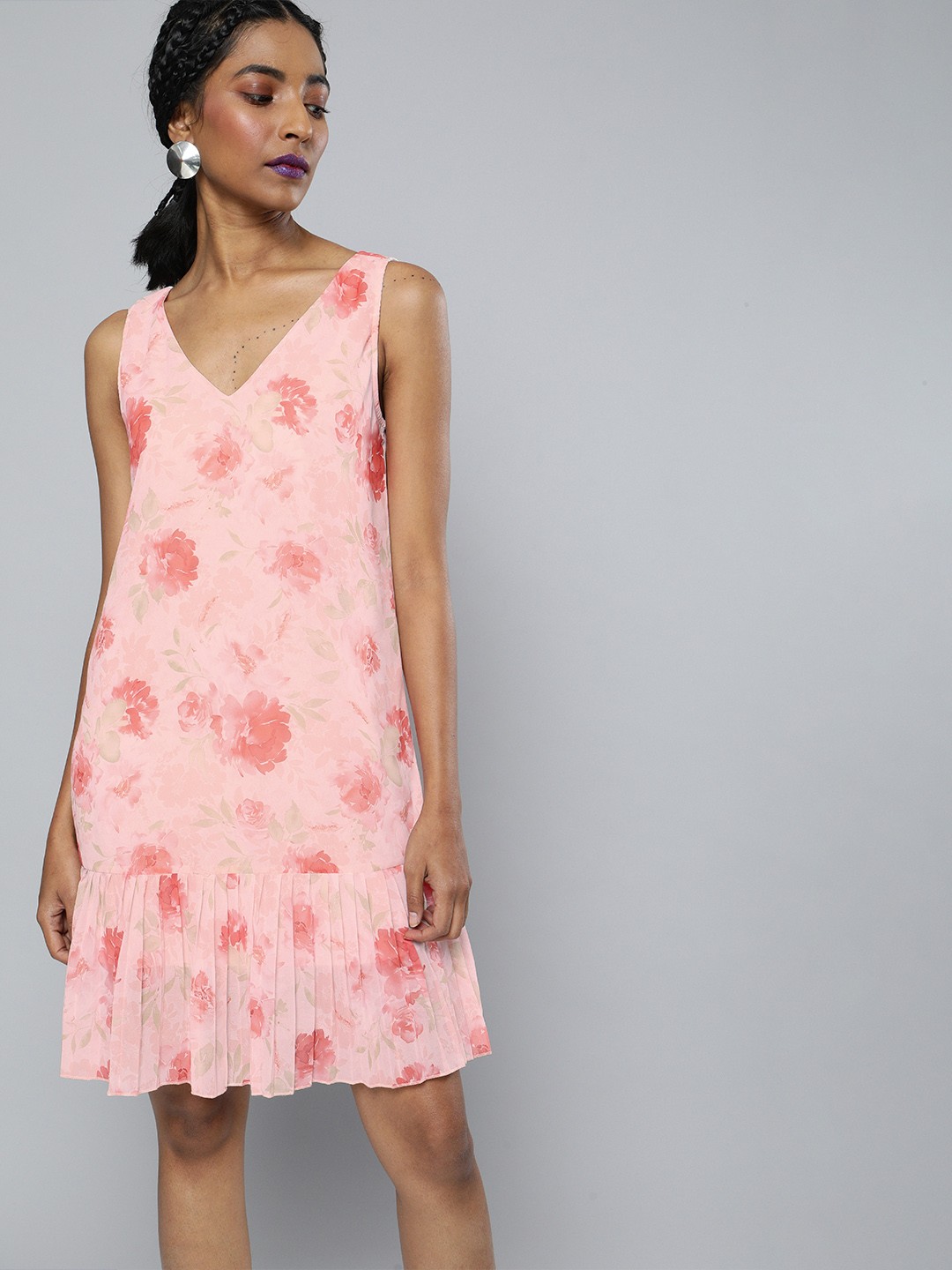 

SASSAFRAS Women Pink Floral Printed Drop-Waist Dress