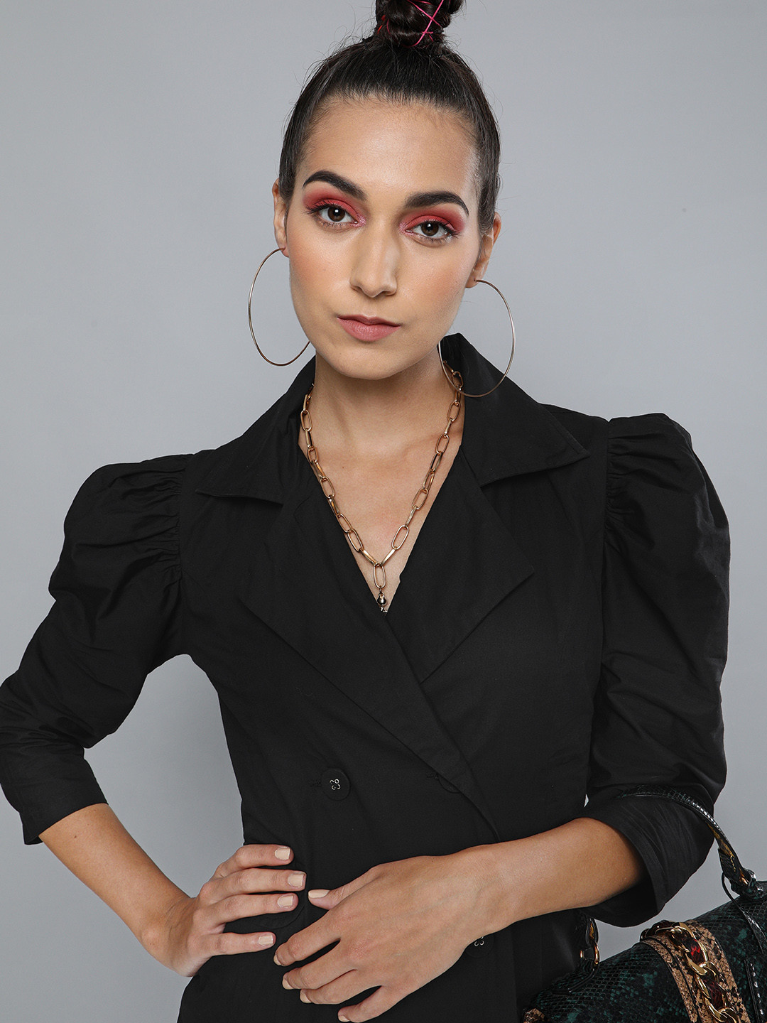 

SASSAFRAS Women Black Solid Power Shoulder Blazer Dress