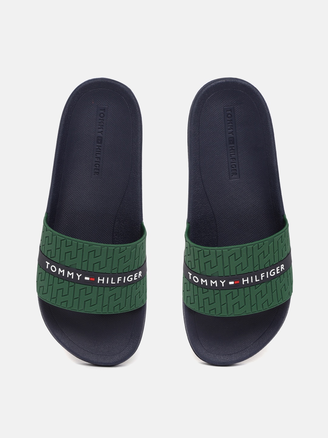 

Tommy Hilfiger Men Green & Navy Brand Logo Textured & Rubber Print Sliders