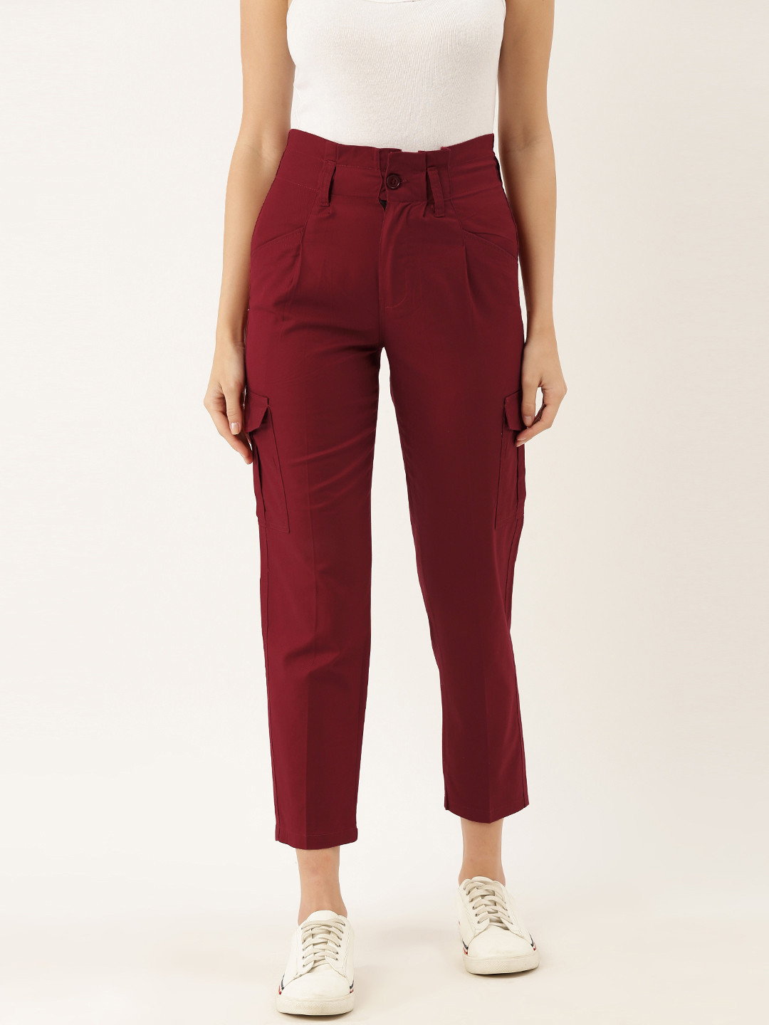 

The Dry State Women Maroon Regular Fit Solid Cropped Cargos